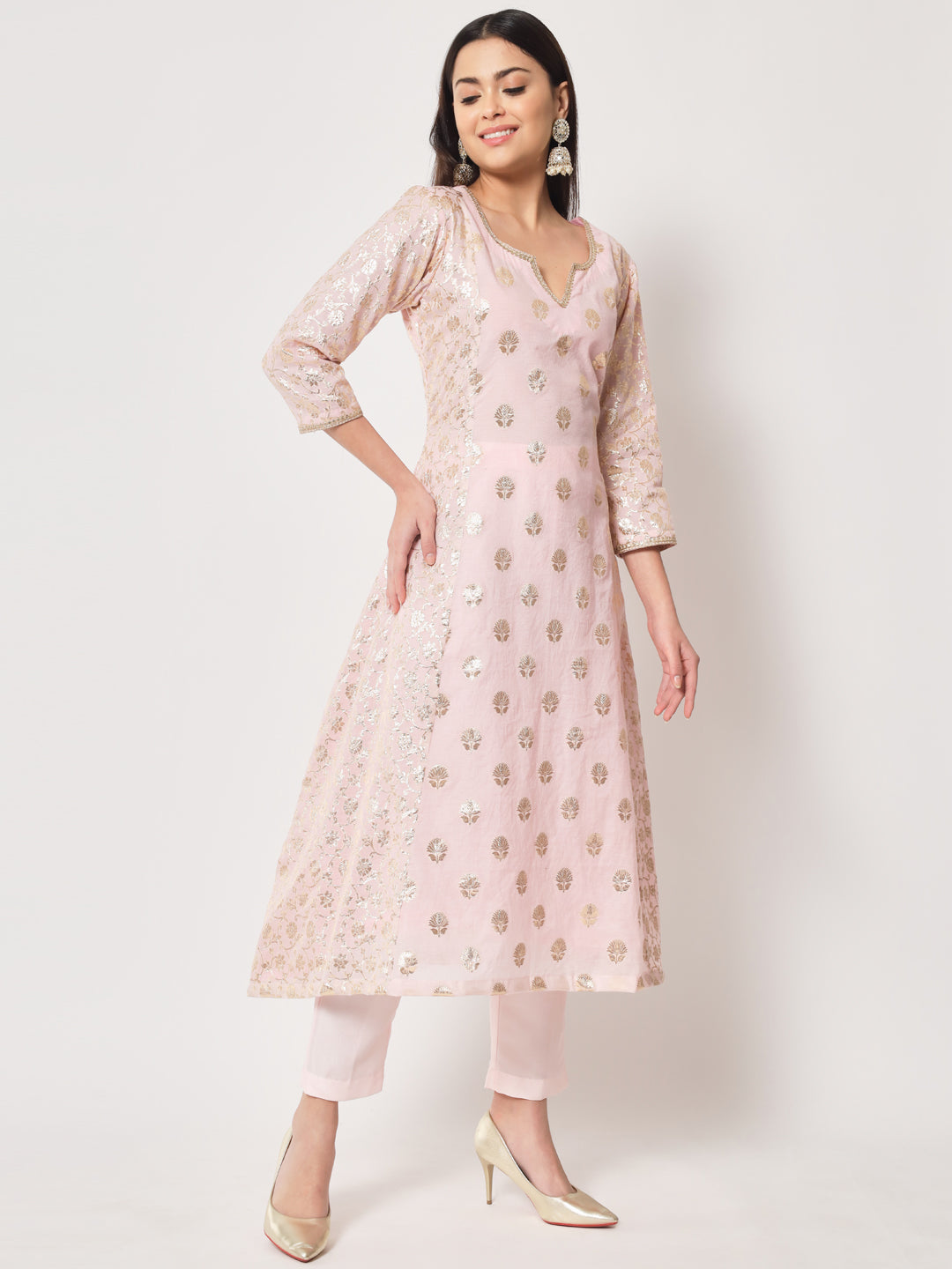 Women's Pink Lotus Chanderi Brocade A-Line Kurti With Pants