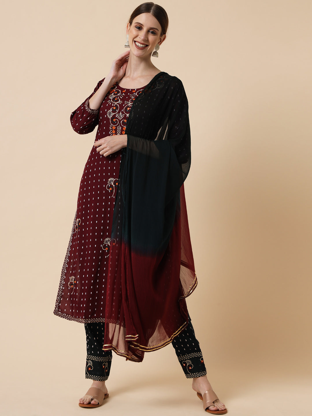 Women's Maroon Embroidered Kurta With Trouser With Dupatta - Meeranshi