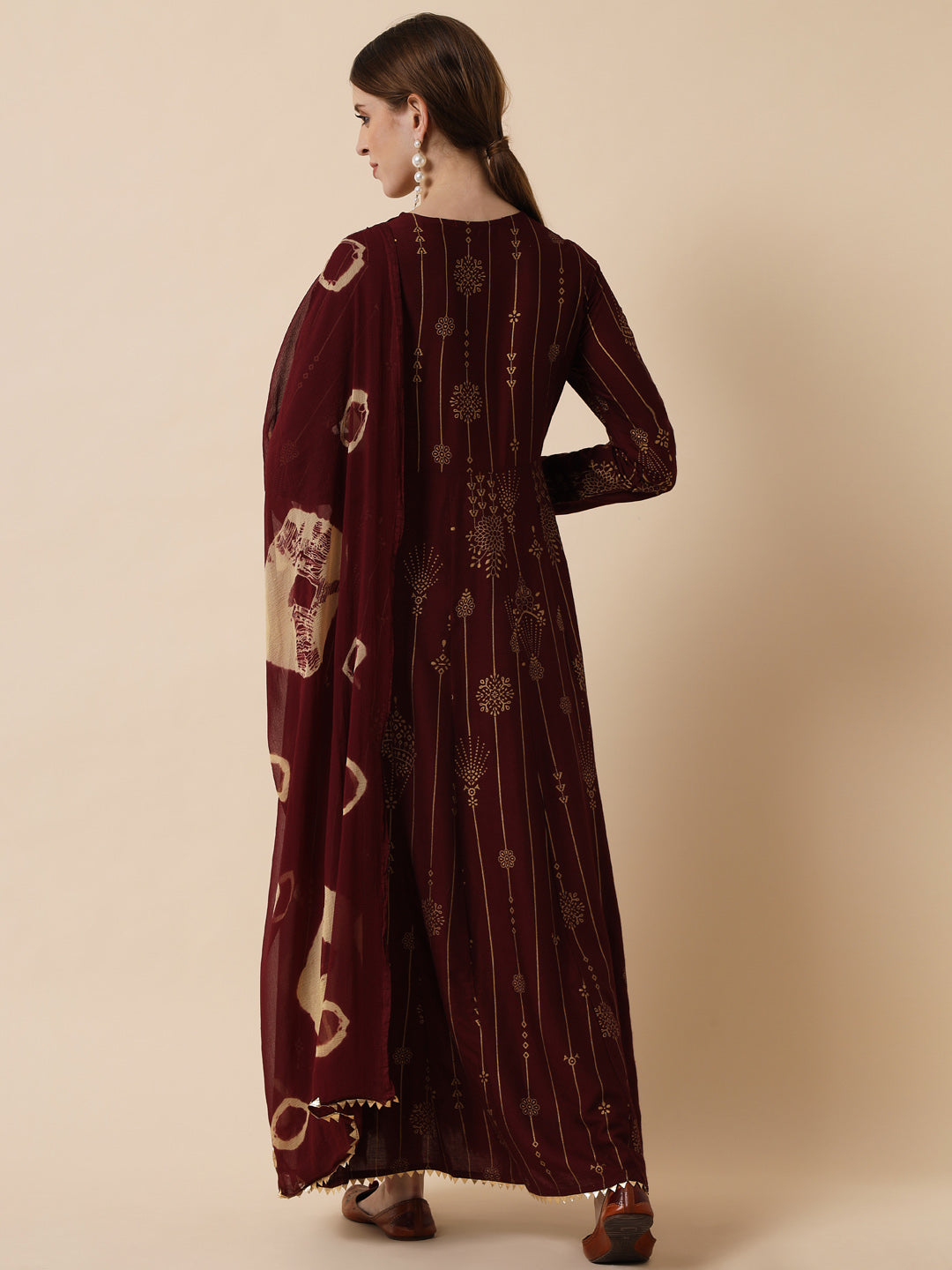 Women's Maroon & chocolate brown Ethnic Motifs Maxi Dress - Meeranshi