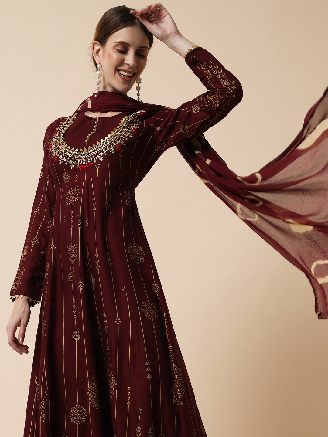 Women's Maroon & chocolate brown Ethnic Motifs Maxi Dress - Meeranshi