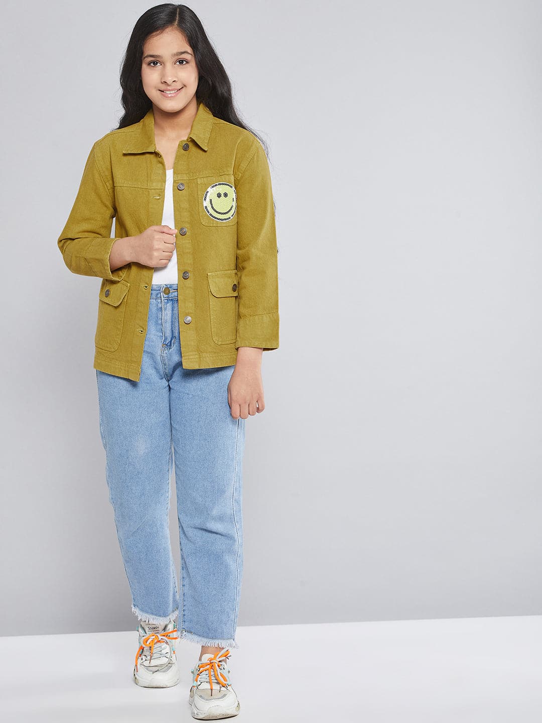 Girls Mustard Smiley Patch Denim Jacket - Lyush Kids