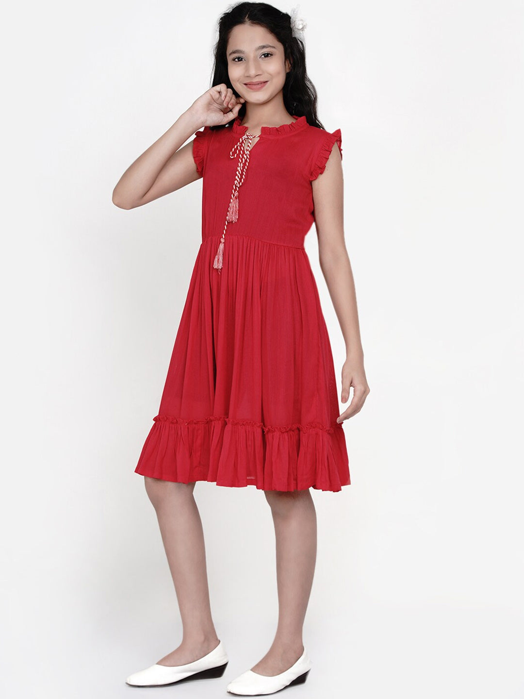 Girl's Red Tie-Up Neck Dress - NOZ2TOZ KIDS