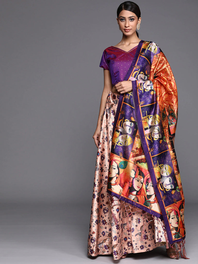 Women's Digital Print Shiney Satin Semistitched Lehenga Choli With Unstitched Blouse And Thred Work Dupatta