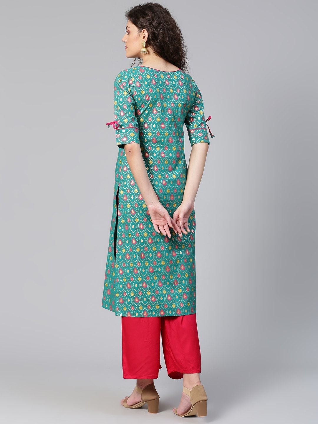 Women's Green & Pink Printed Straight Kurta - Meeranshi