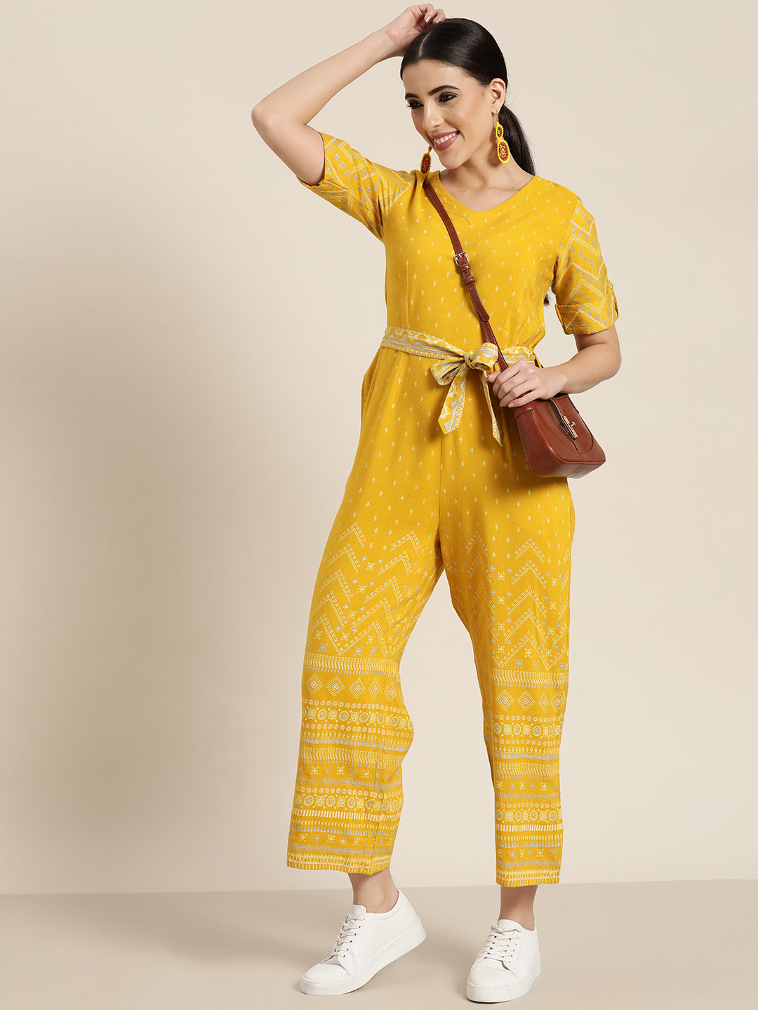 Women's  Mustard Rayon Flex Printed Straight Jumpsuit - Juniper