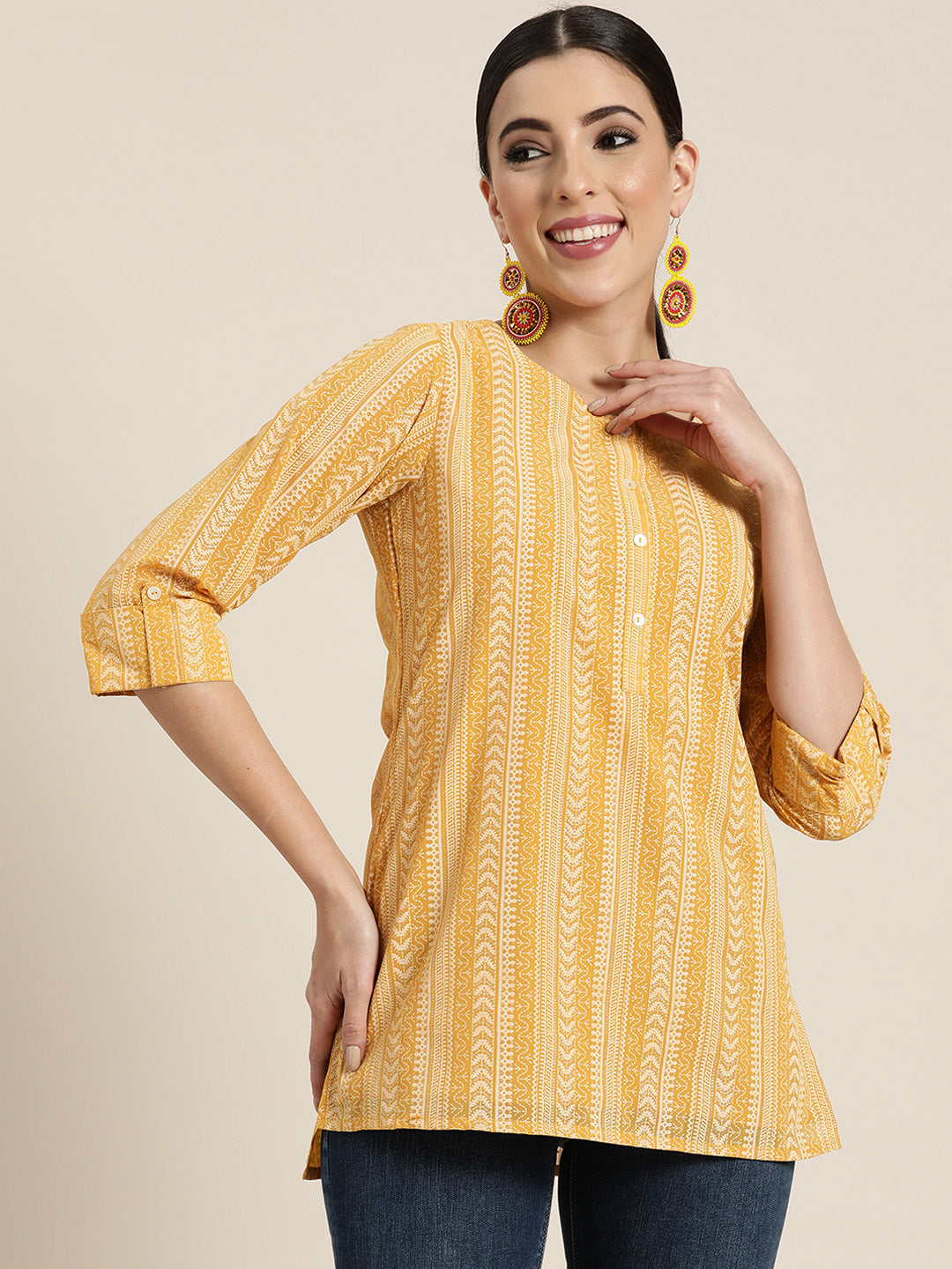 Women's  Yellow Georgette Printed High-Low Tunic - Juniper