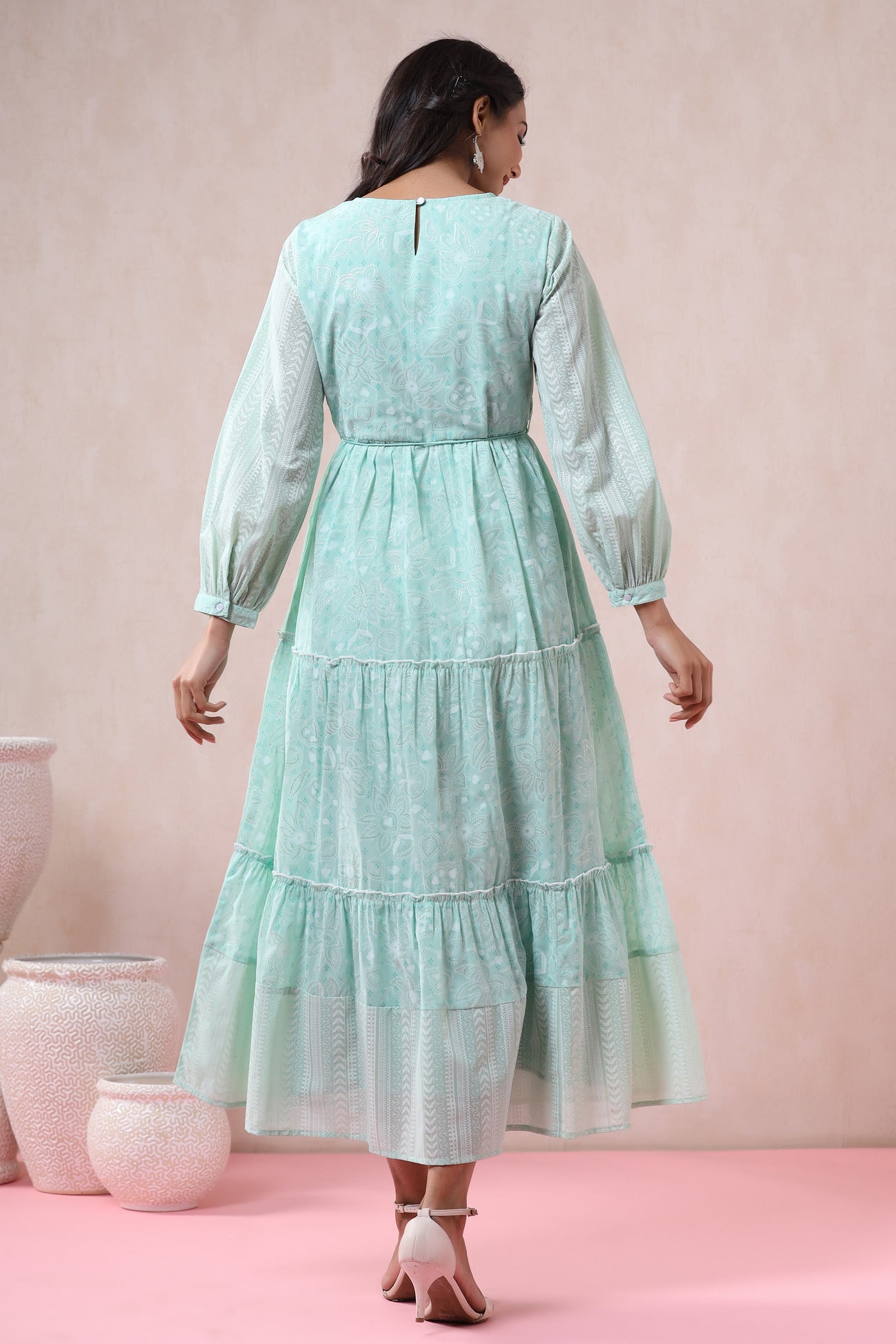 Women's  Mint Georgette Printed Tiered Dress - Juniper