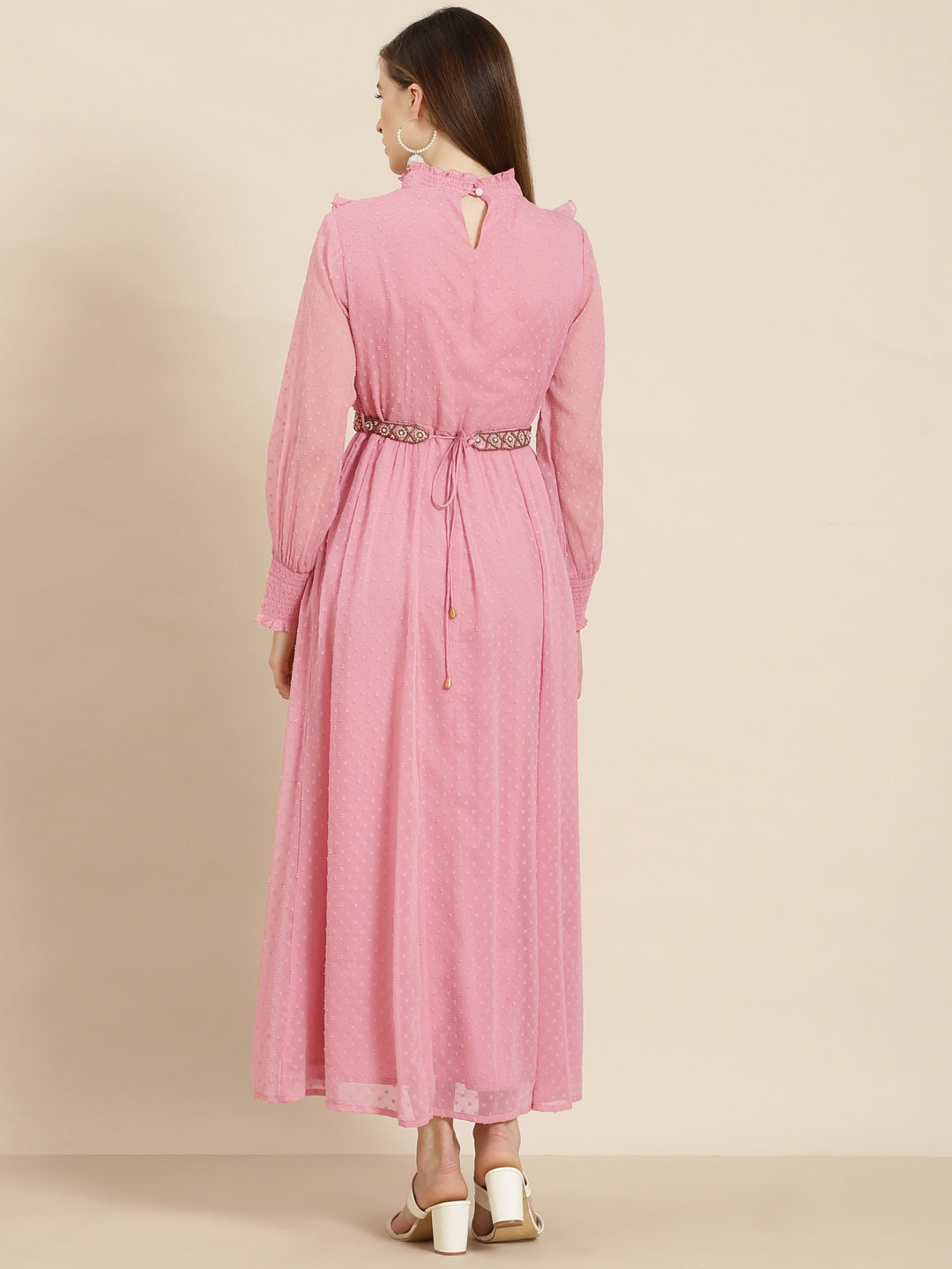 Women's  Pink Chiffon Woven Design Flared Dress - Juniper