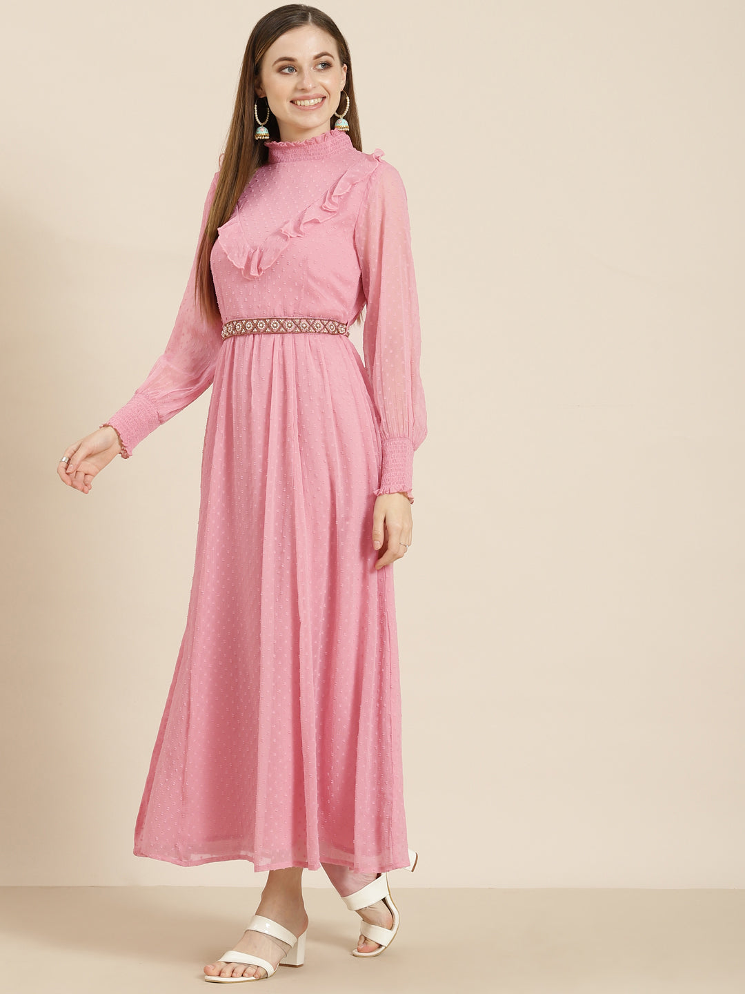 Women's  Pink Chiffon Woven Design Flared Dress - Juniper