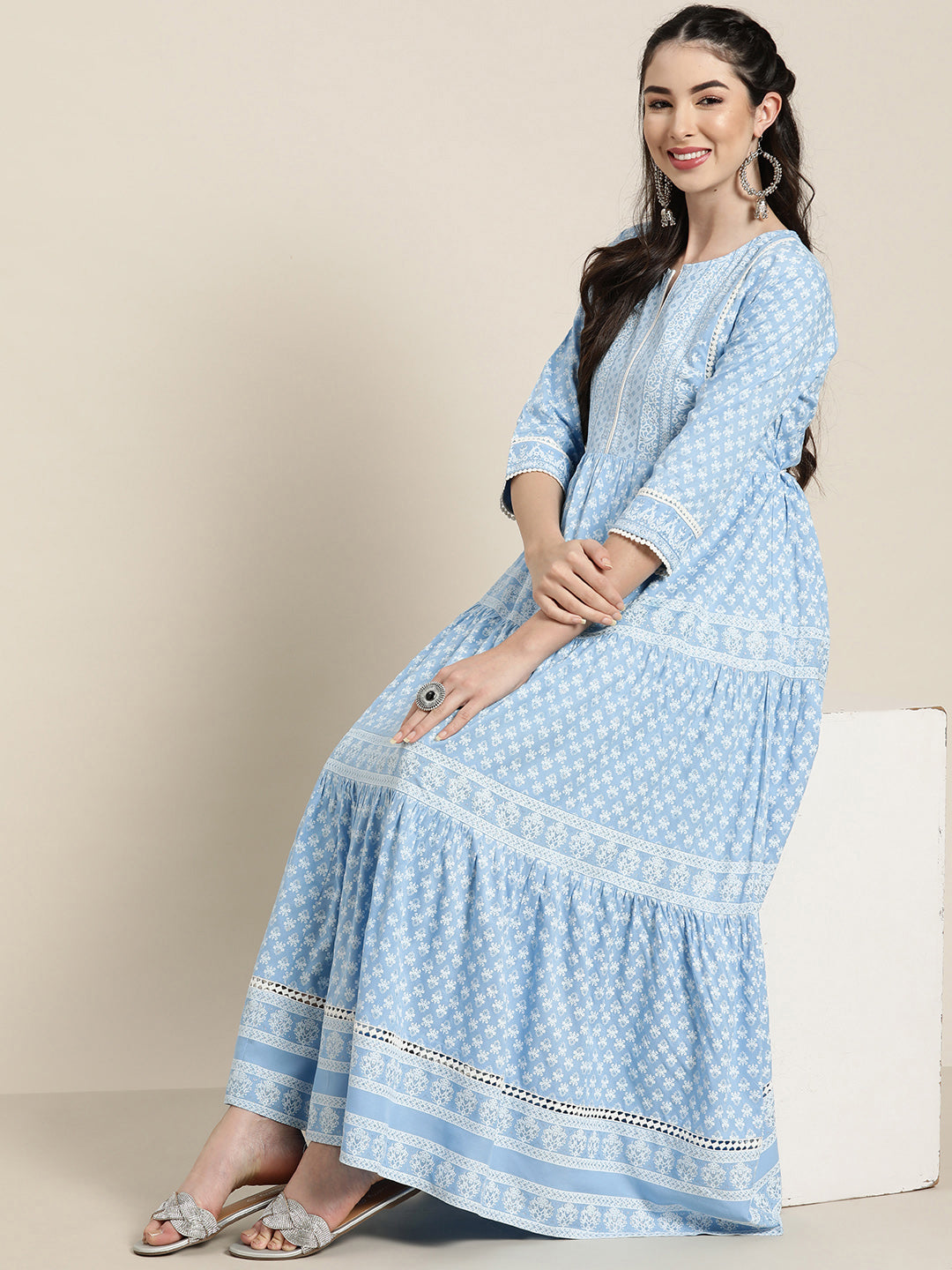 Women's  Blue Rayon Printed Tiered Dress - Juniper