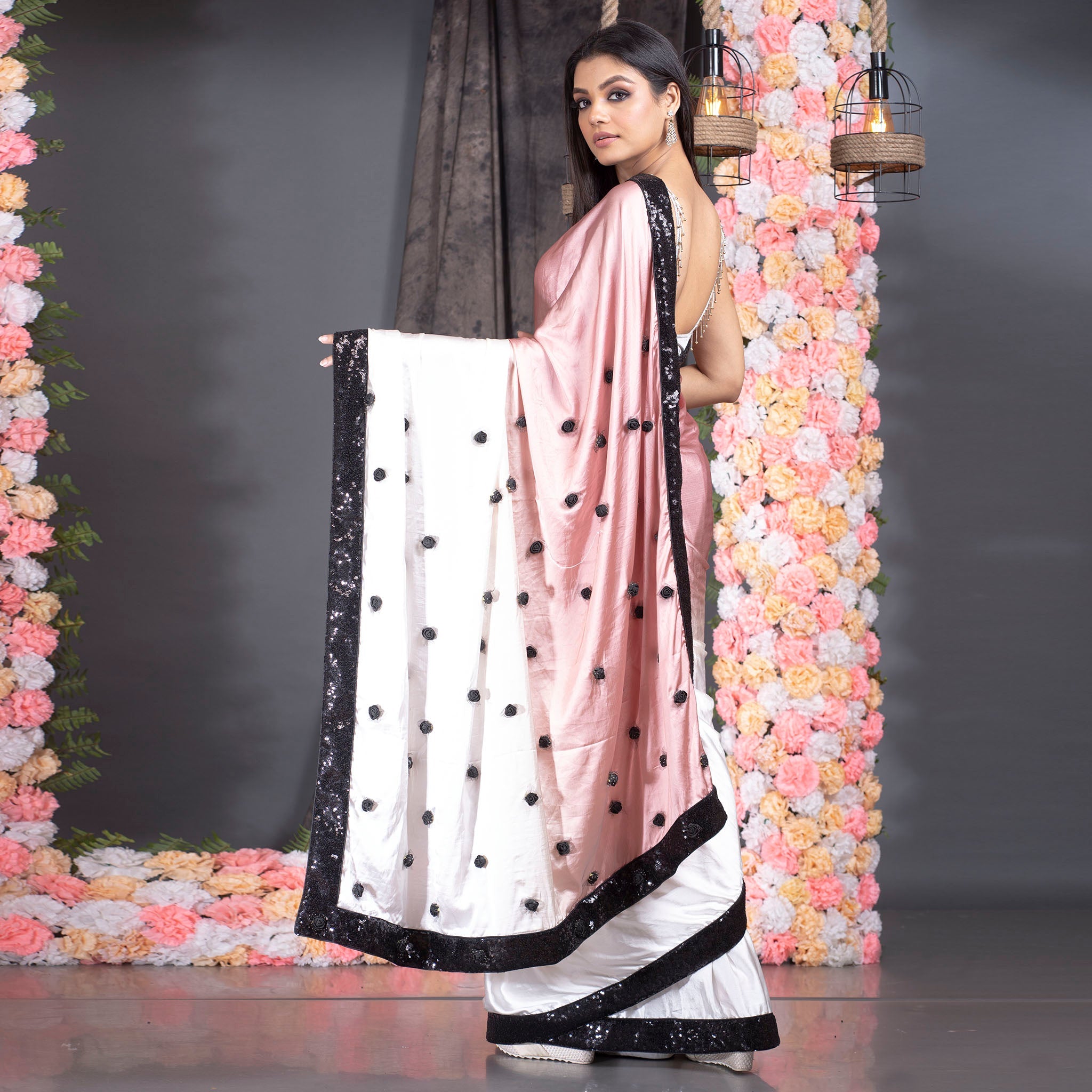 Women's Peach And Offwhite Ombre Satin Saree With Sequin Lace Border And Handmade Rosette Pallu - Boveee