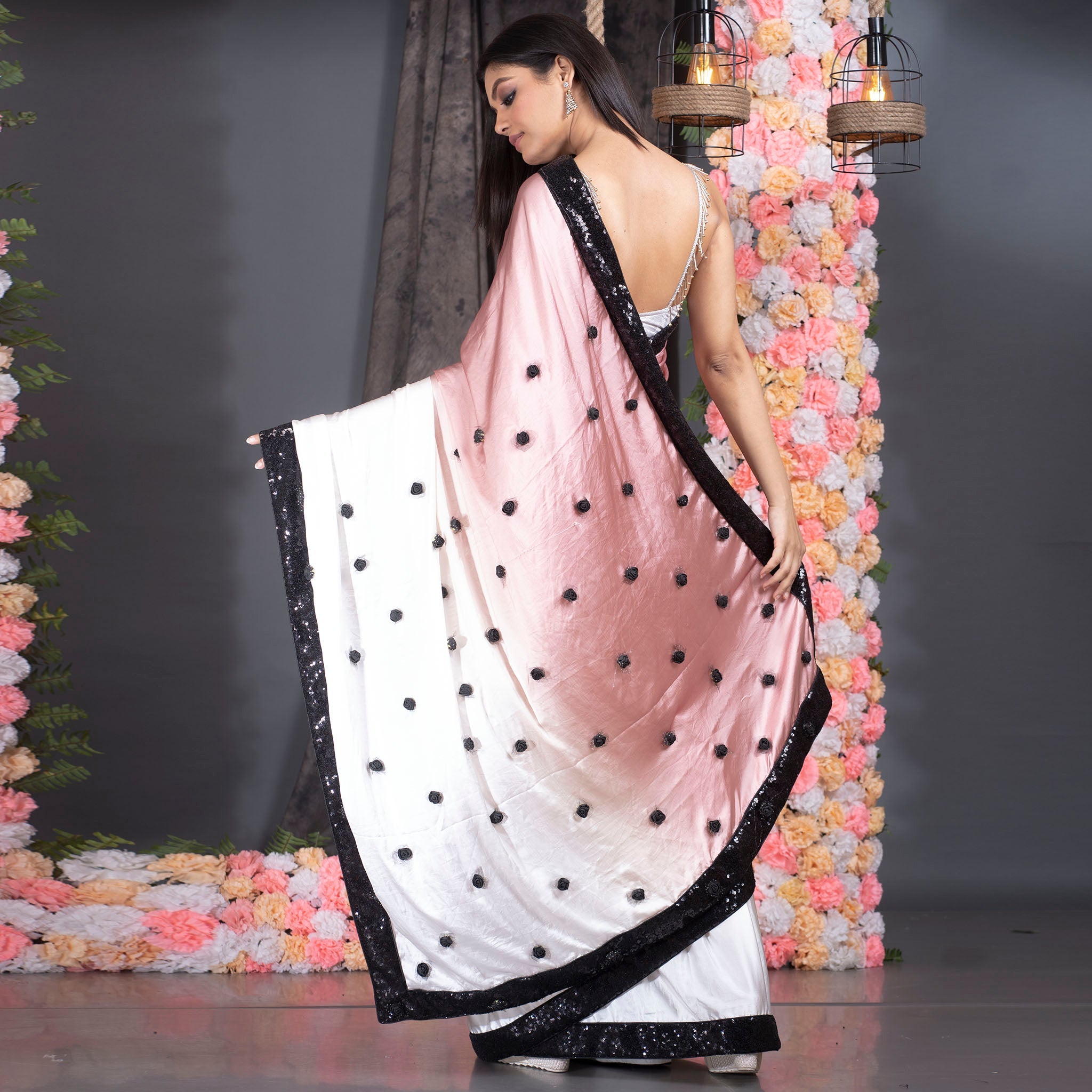 Women's Peach And Offwhite Ombre Satin Saree With Sequin Lace Border And Handmade Rosette Pallu - Boveee