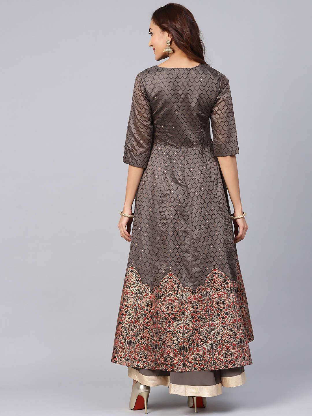 Women's Grey Chanderi Printed Kurta With Solid Skirt - Juniper