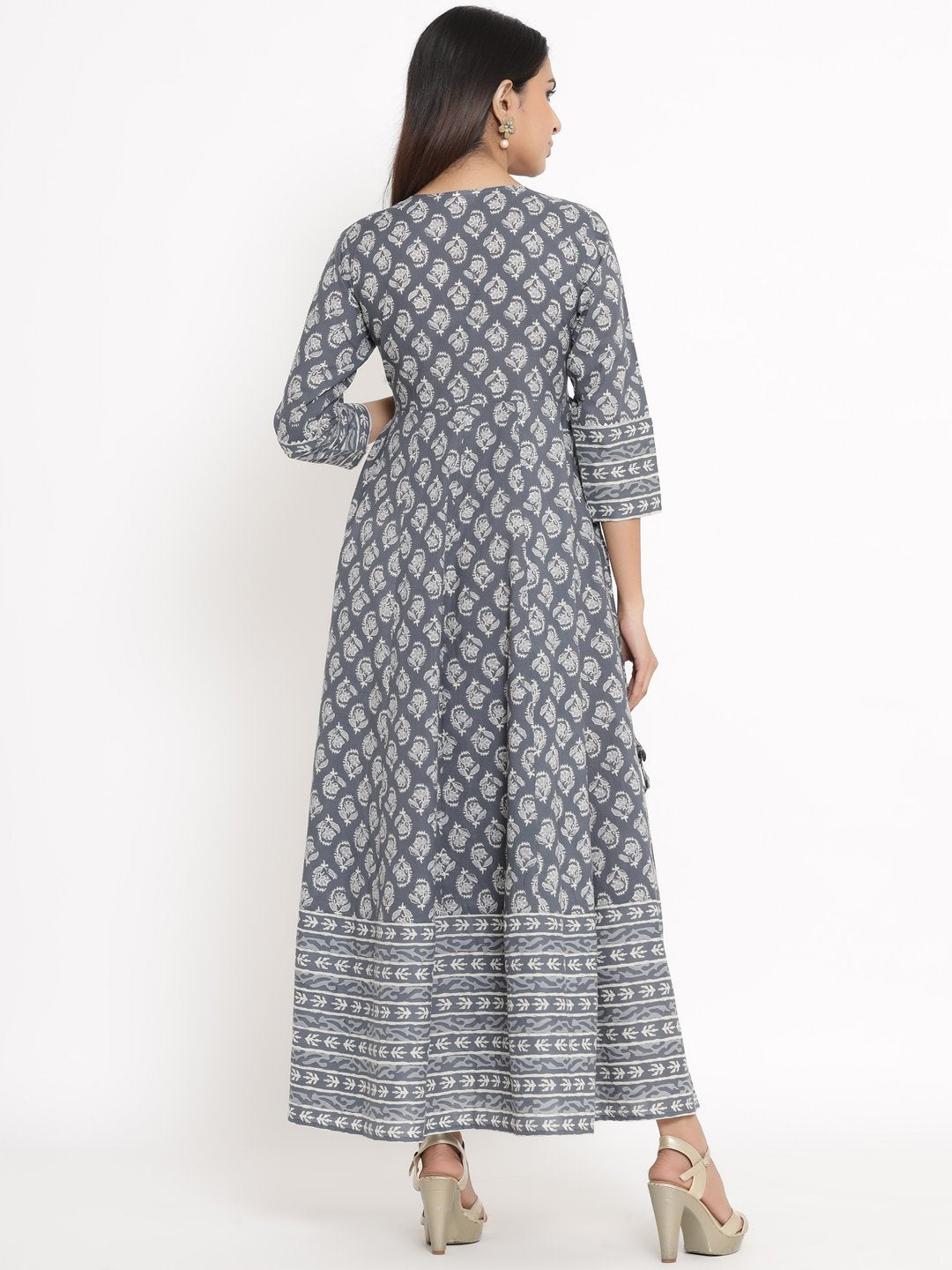 Women's Printed Cotton Fabric Anarkali Grey Color - Kipek