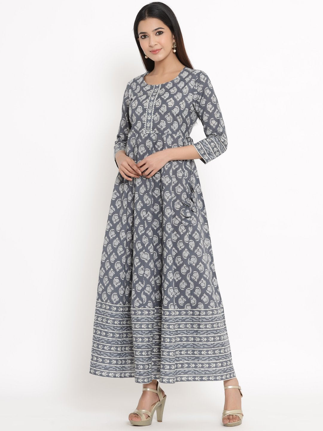 Women's Printed Cotton Fabric Anarkali Grey Color - Kipek