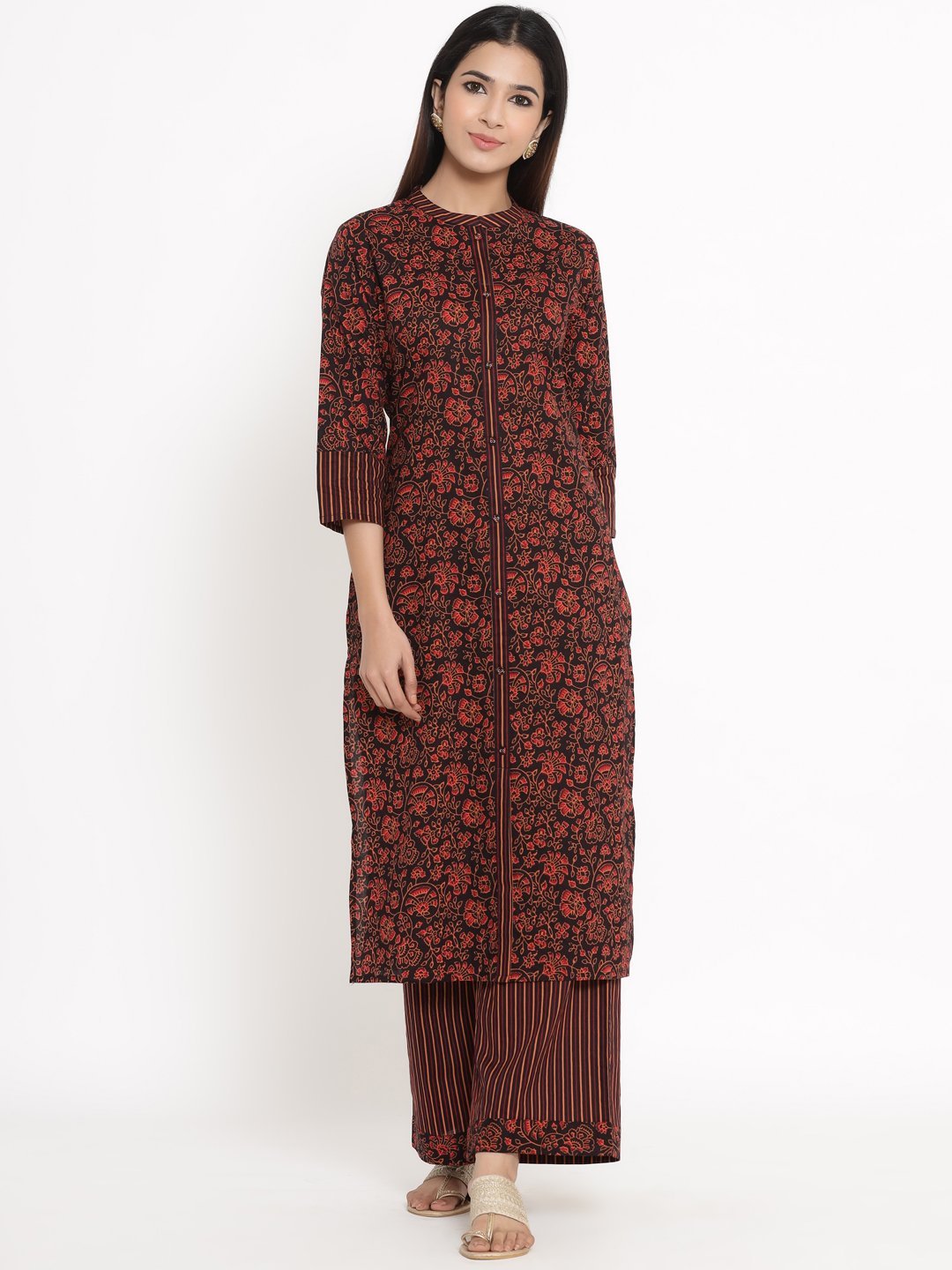 Women's Printed Cotton Fabric Kurta & Palazzo Set Brown Color - Kipek
