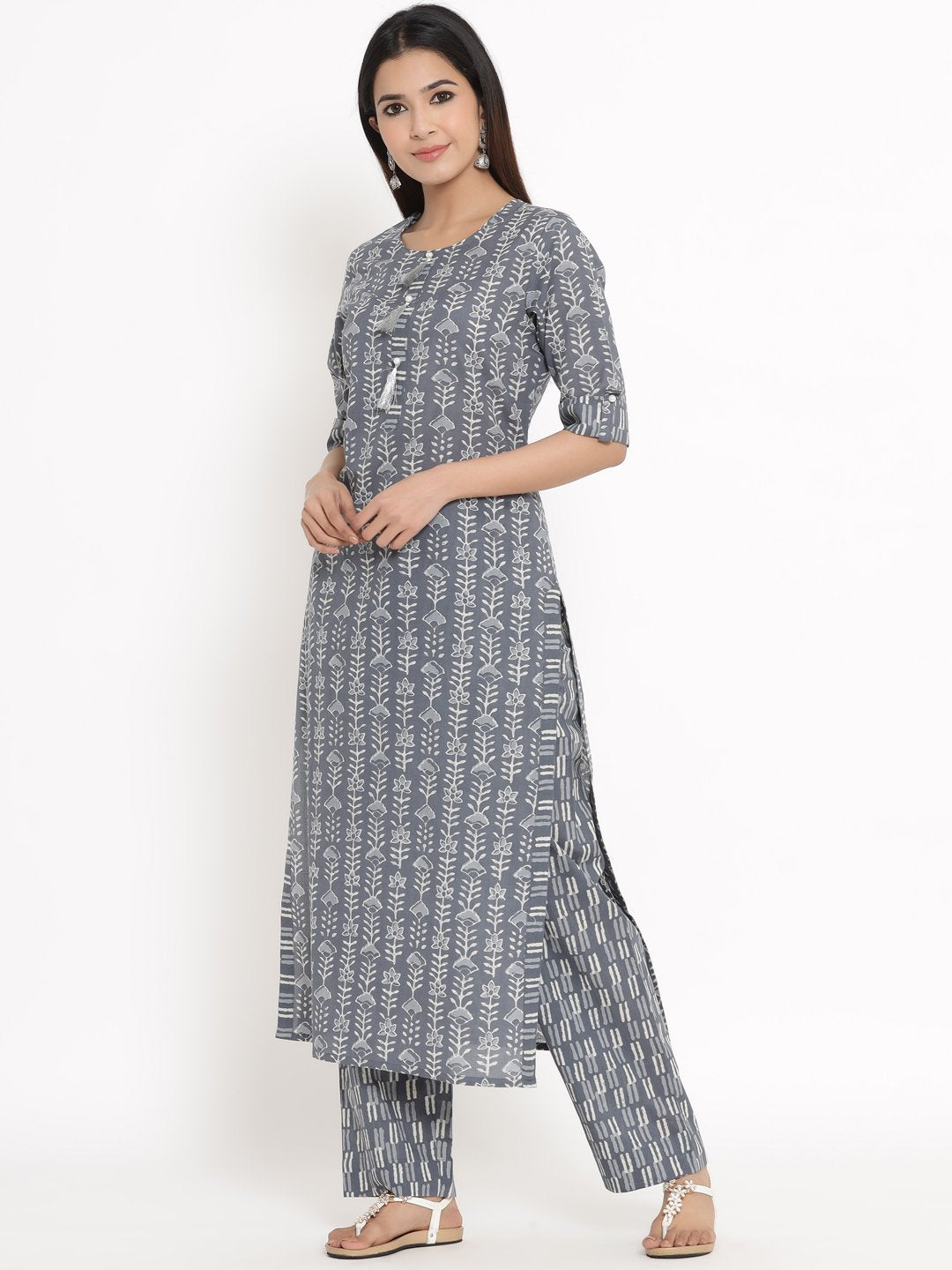 Women's Printed Cotton Fabric Kurta & Palazzo Set Grey Color - Kipek