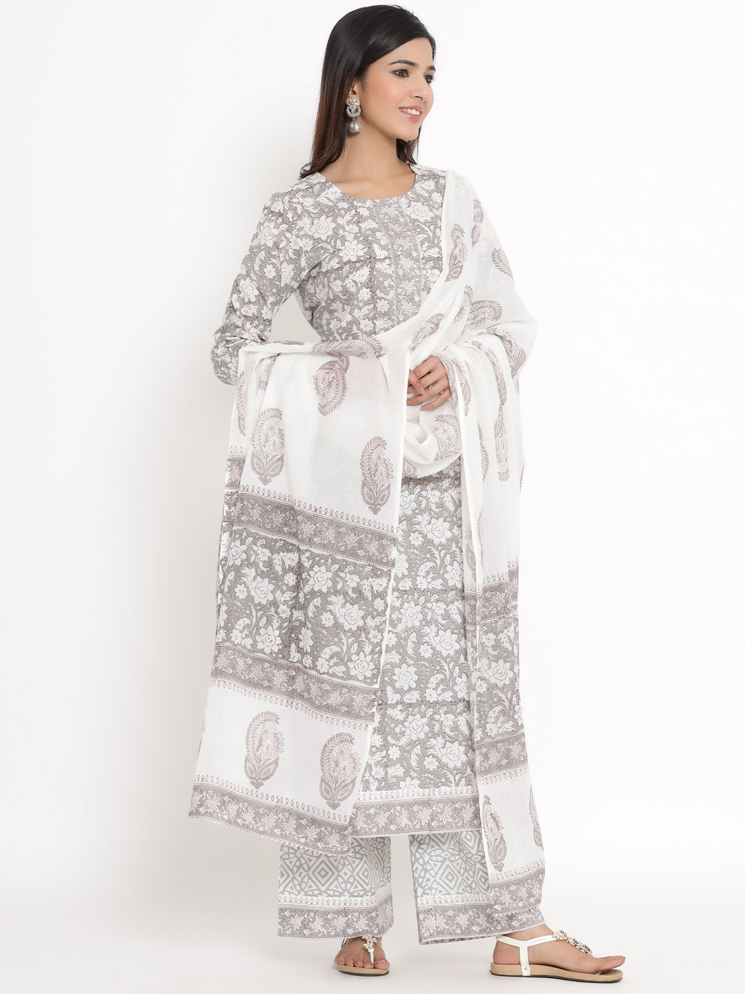 Women's Grey Printed Cotton Kurta with Palazzo & Dupatta by Kipek (3 Pc Set)