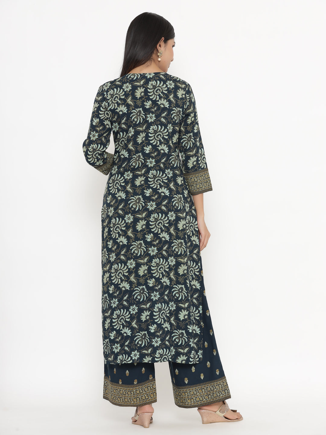 Women's Self Desgin Rayon Fabric Palazzo-Set Navy Color - Kipek