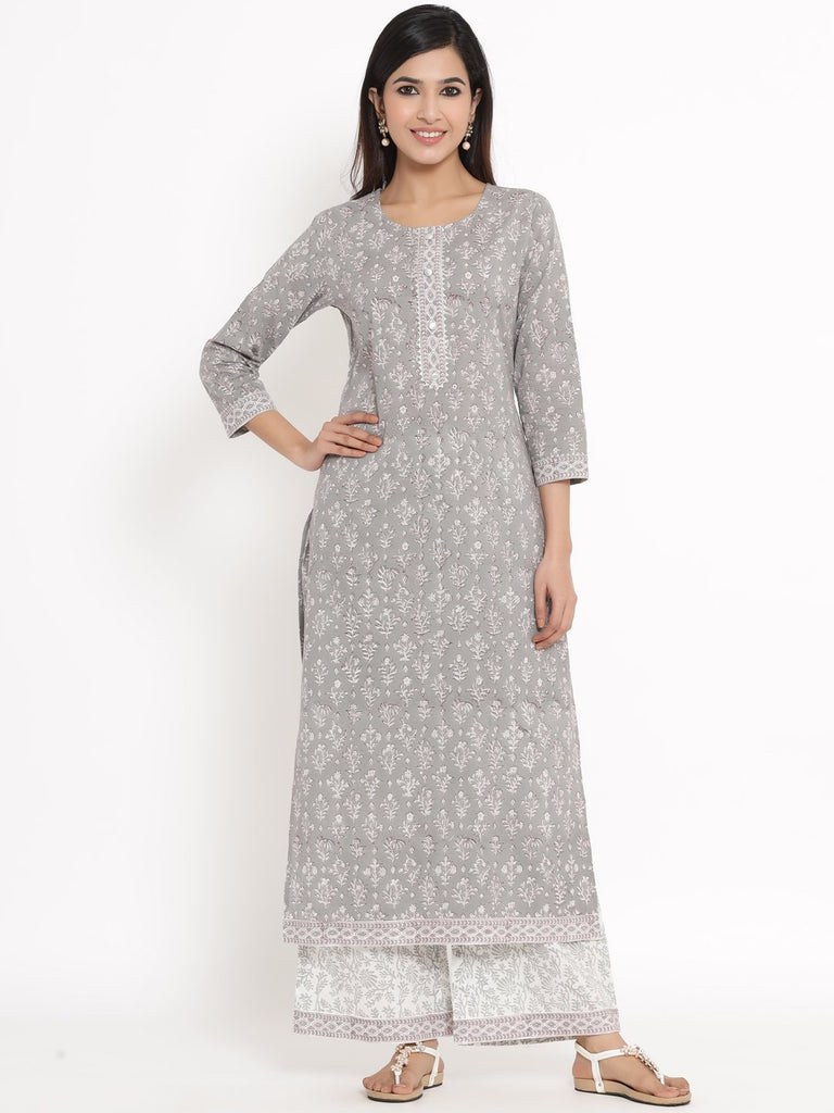 Women's Grey Cotton Kurta With Palazzo & Dupatta by Kipek (3
