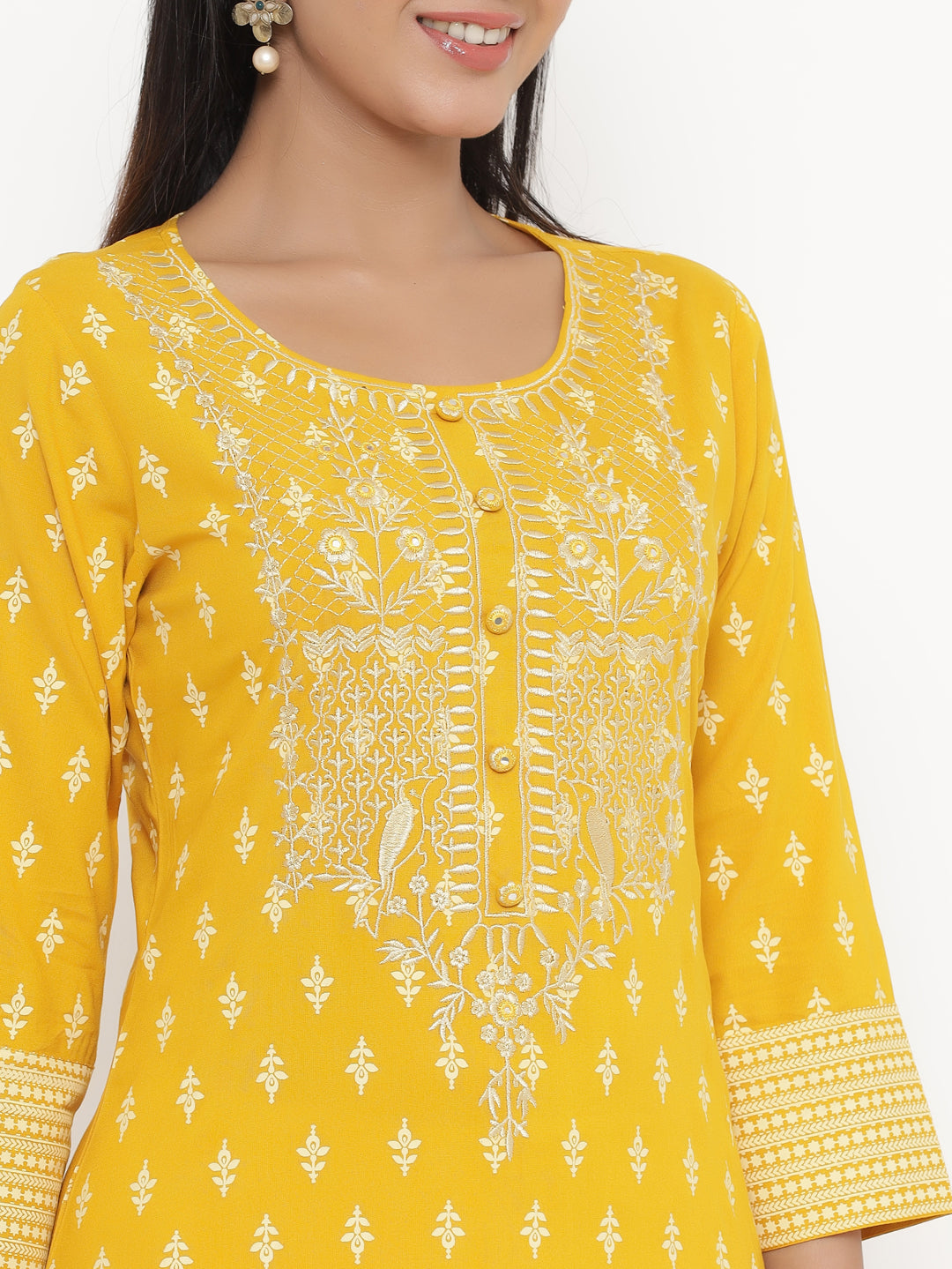 Women's Self Desgin Rayon Fabric Straight Kurta Yellow Color - Kipek