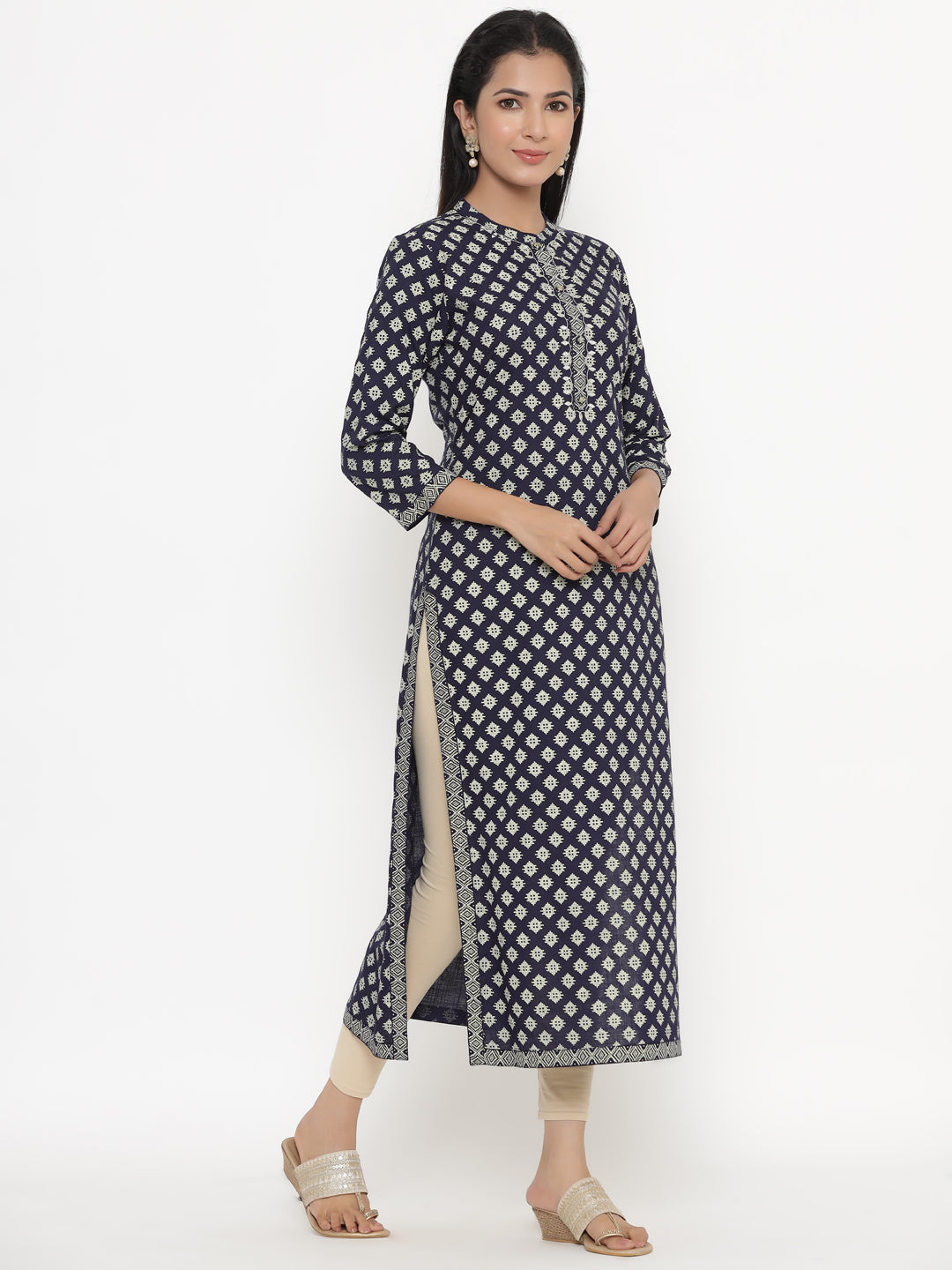 Women's Self Desgin Rayon Fabric Straight Kurta Navy Color - Kipek