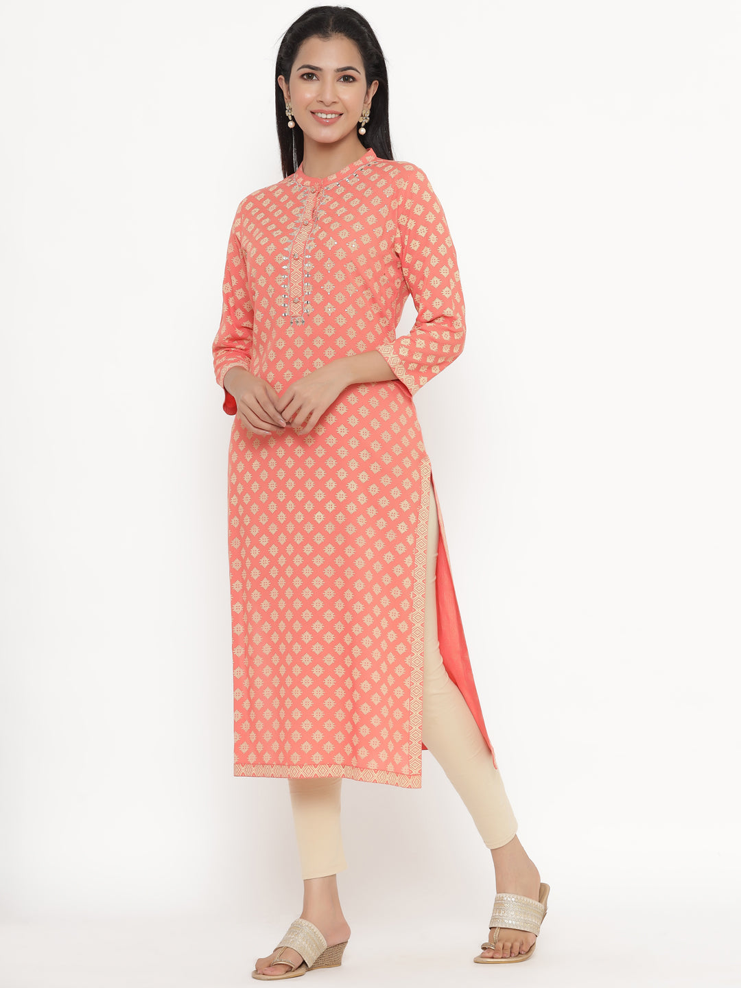 Women's Self Desgin Rayon Fabric Straight Kurta Peach Color - Kipek