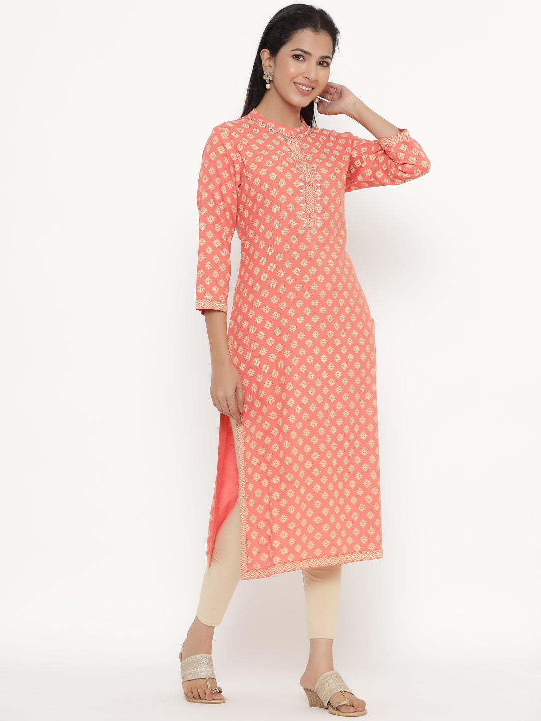 Women's Self Desgin Rayon Fabric Straight Kurta Peach Color - Kipek