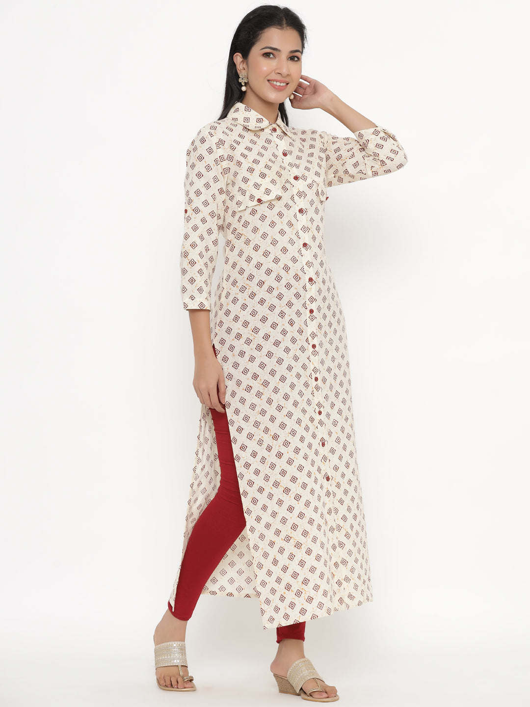 Women's Self Desgin Cotton Fabric A-Line Kurta Off-White Color - Kipek