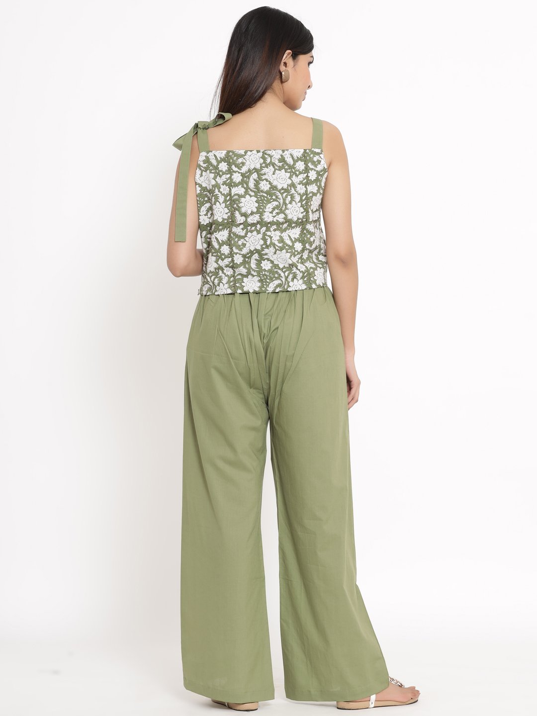 Women's Printed Cotton Fabric Crop Top & Palazzo Green Color - Kipek