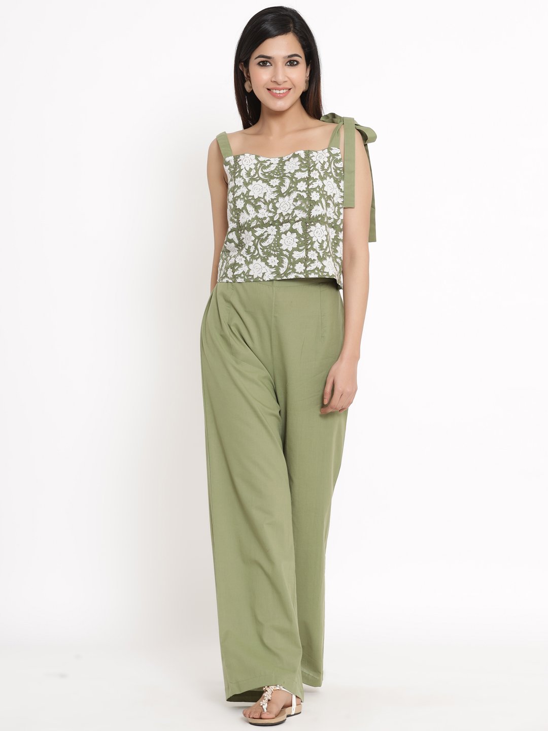 Women's Printed Cotton Fabric Crop Top & Palazzo Green Color - Kipek