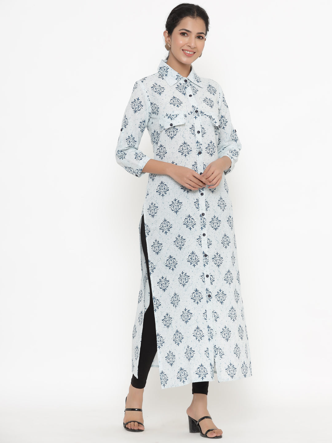 Women's Self Desgin Cotton Fabric A-Line Kurta Blue Color - Kipek