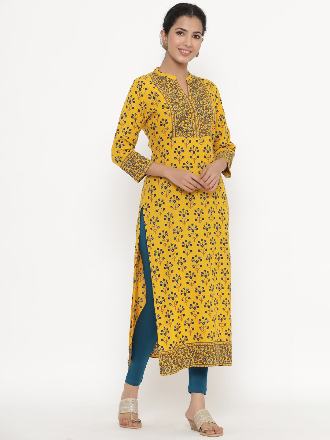 Women's Self Desgin Rayon Fabric Straight Kurta Mustard Color - Kipek