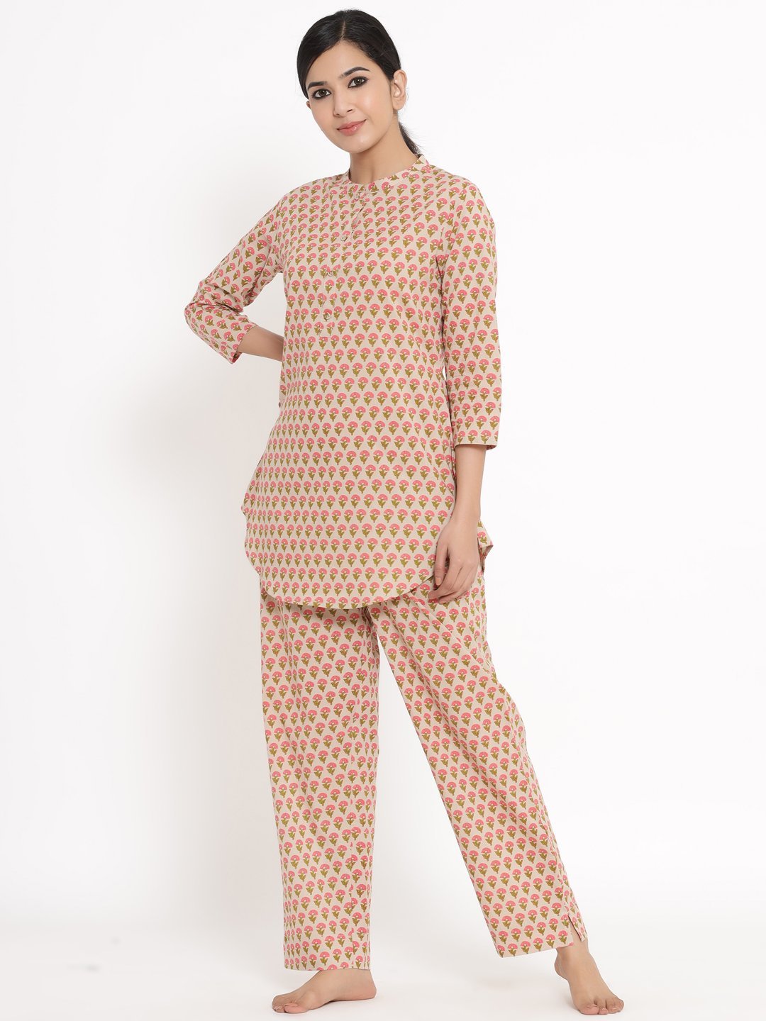 Women's Beige Printed Cotton Fabric Night Suit by Kipek (2 Pc Set)