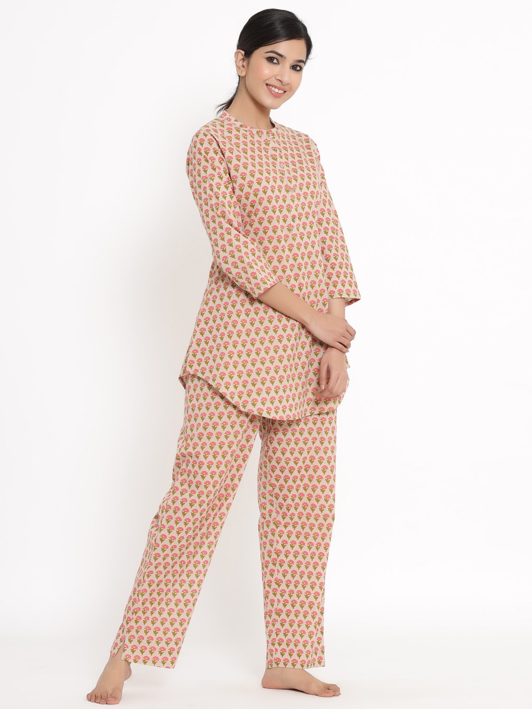 Women's Beige Printed Cotton Fabric Night Suit by Kipek (2 Pc Set)