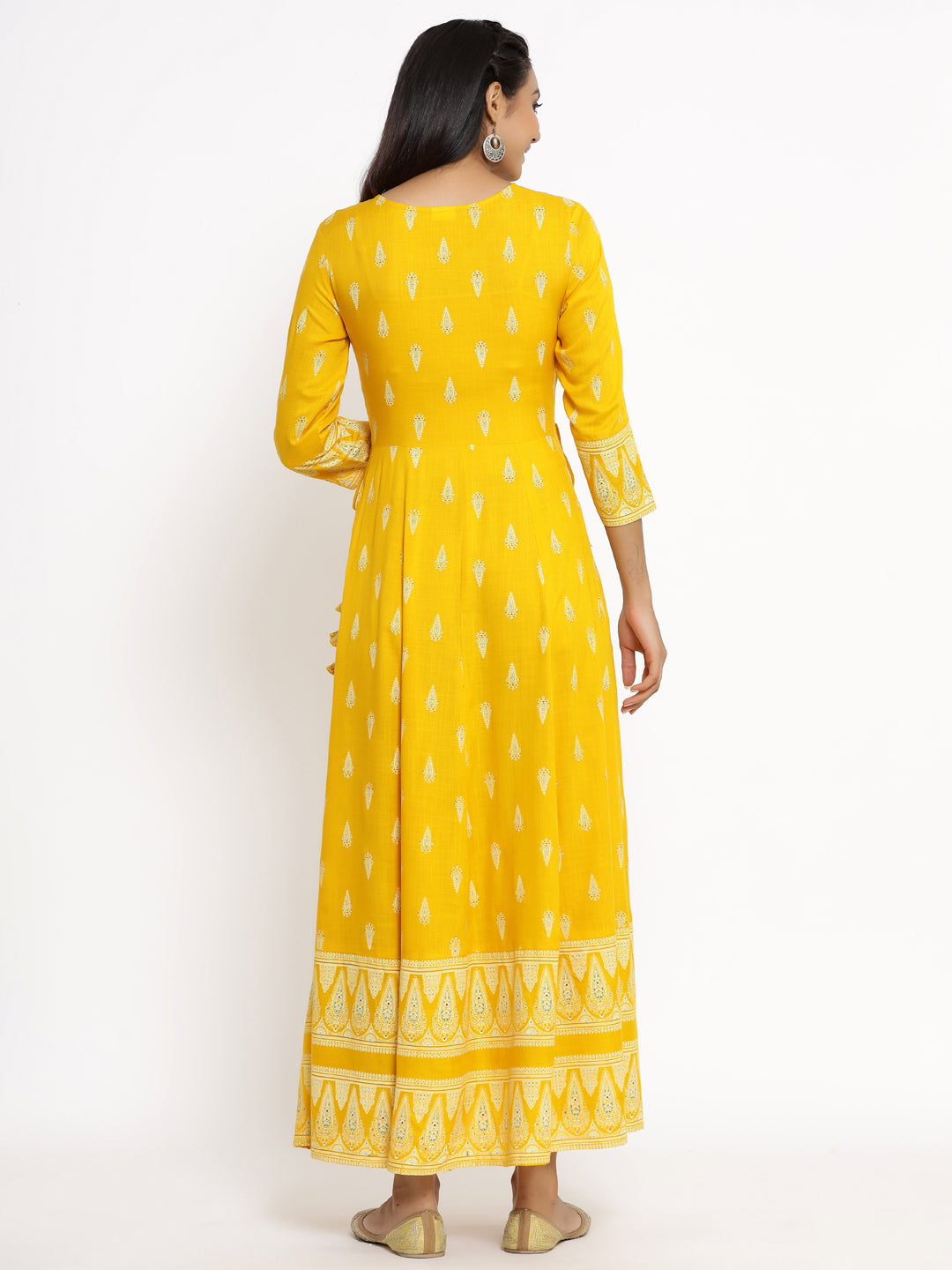 Women's Self Desgin Rayon Fabric Anarkali Yellow Color - Kipek
