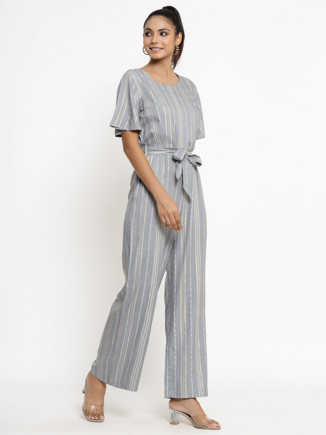 Women's Self Desgin Rayon Fabric Jumpsuit Grey Color - Kipek