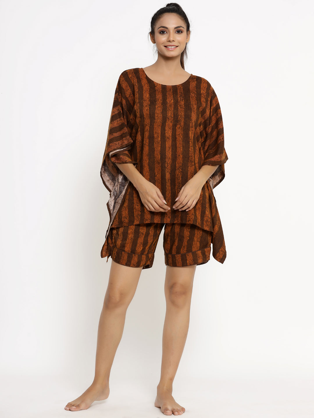 Women's Self Desgin Rayon Fabric  Night Suit Brown Color - Kipek