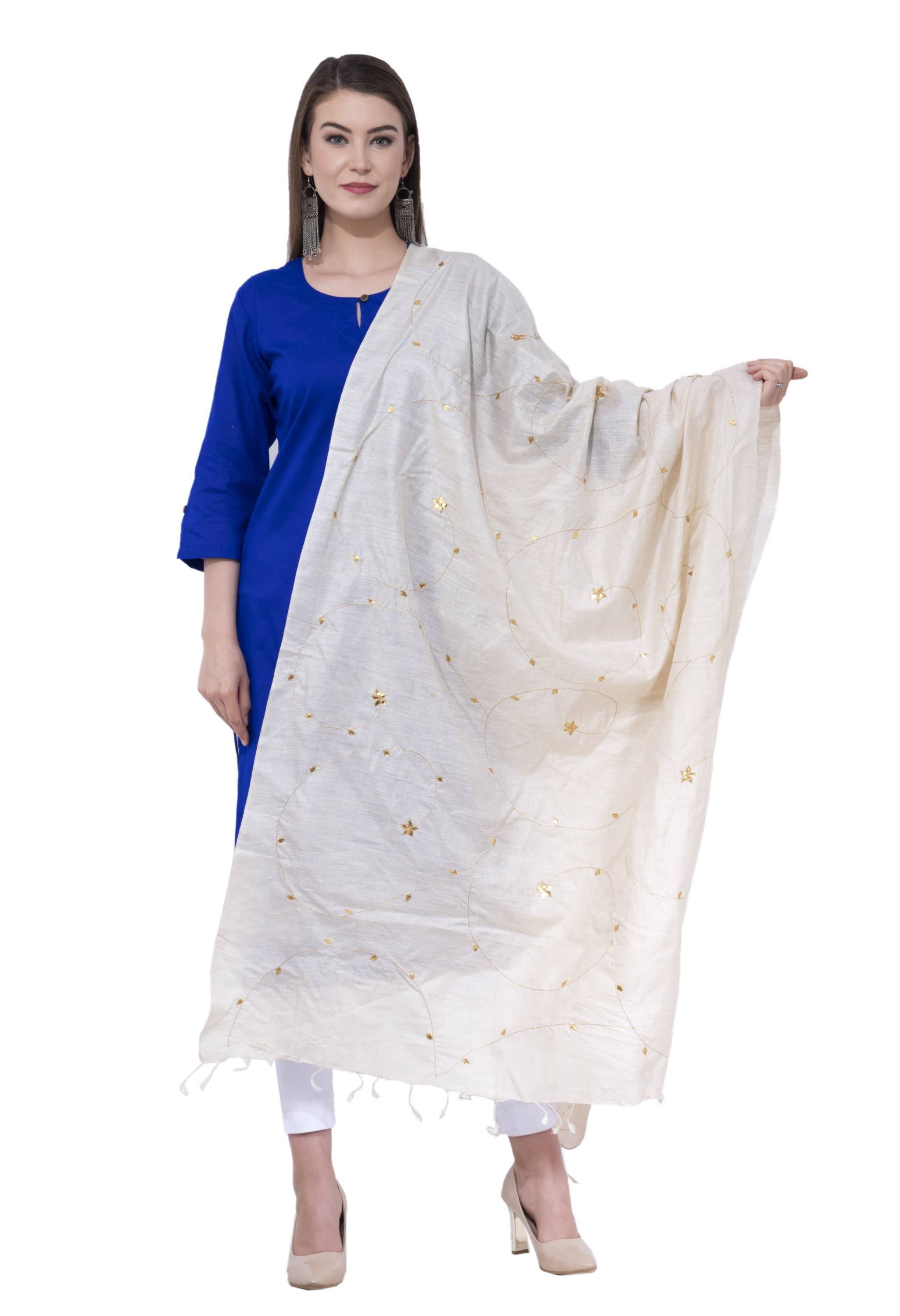 A R Silk Women's Zari Embroidery Pure Tussar Silk Light Golden Dupattas and Chunnis