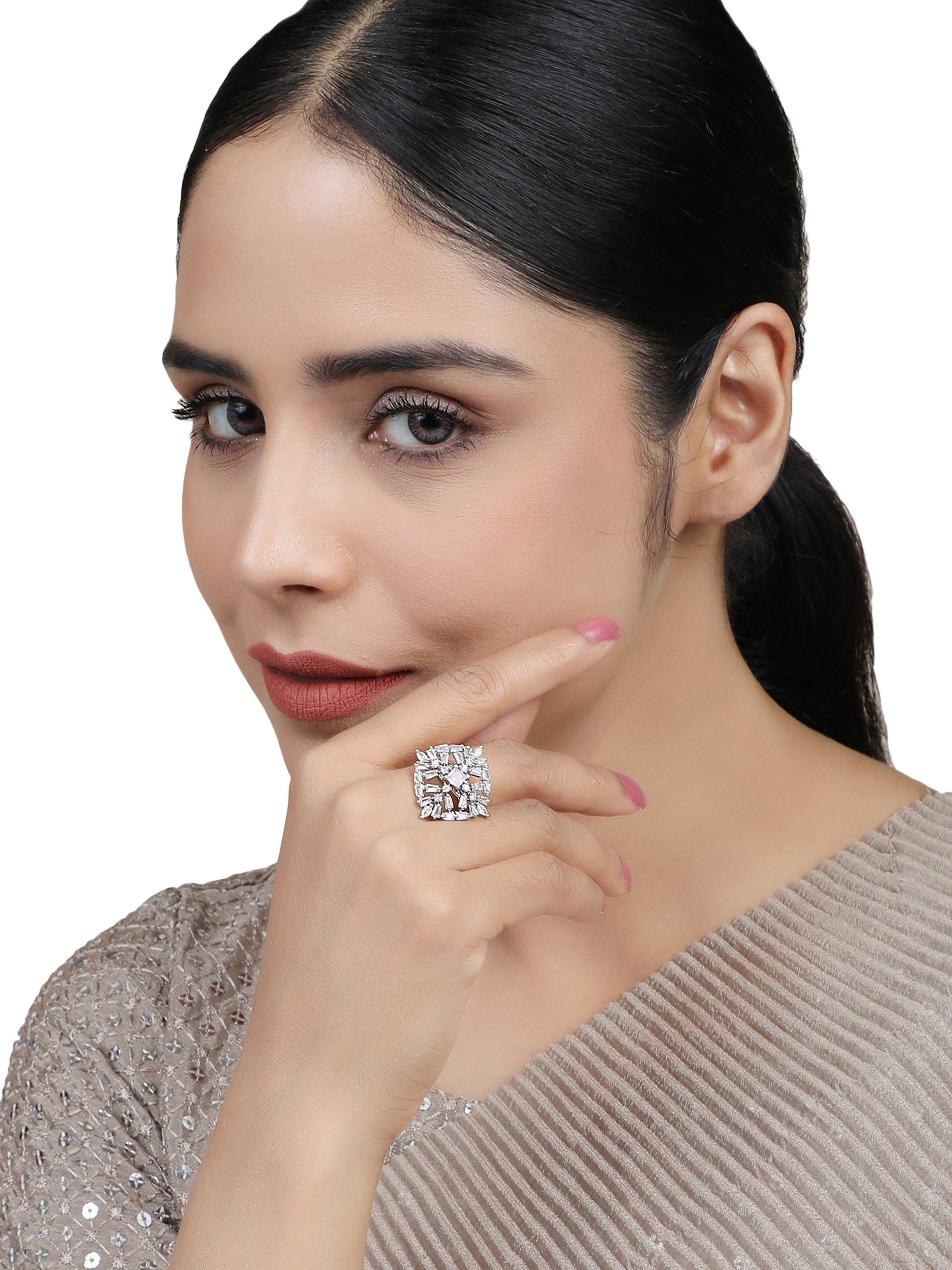 Women's Stylish American Diamond Studded Silver Plated Square Shaped Adjustable Ring - Anikas Creation