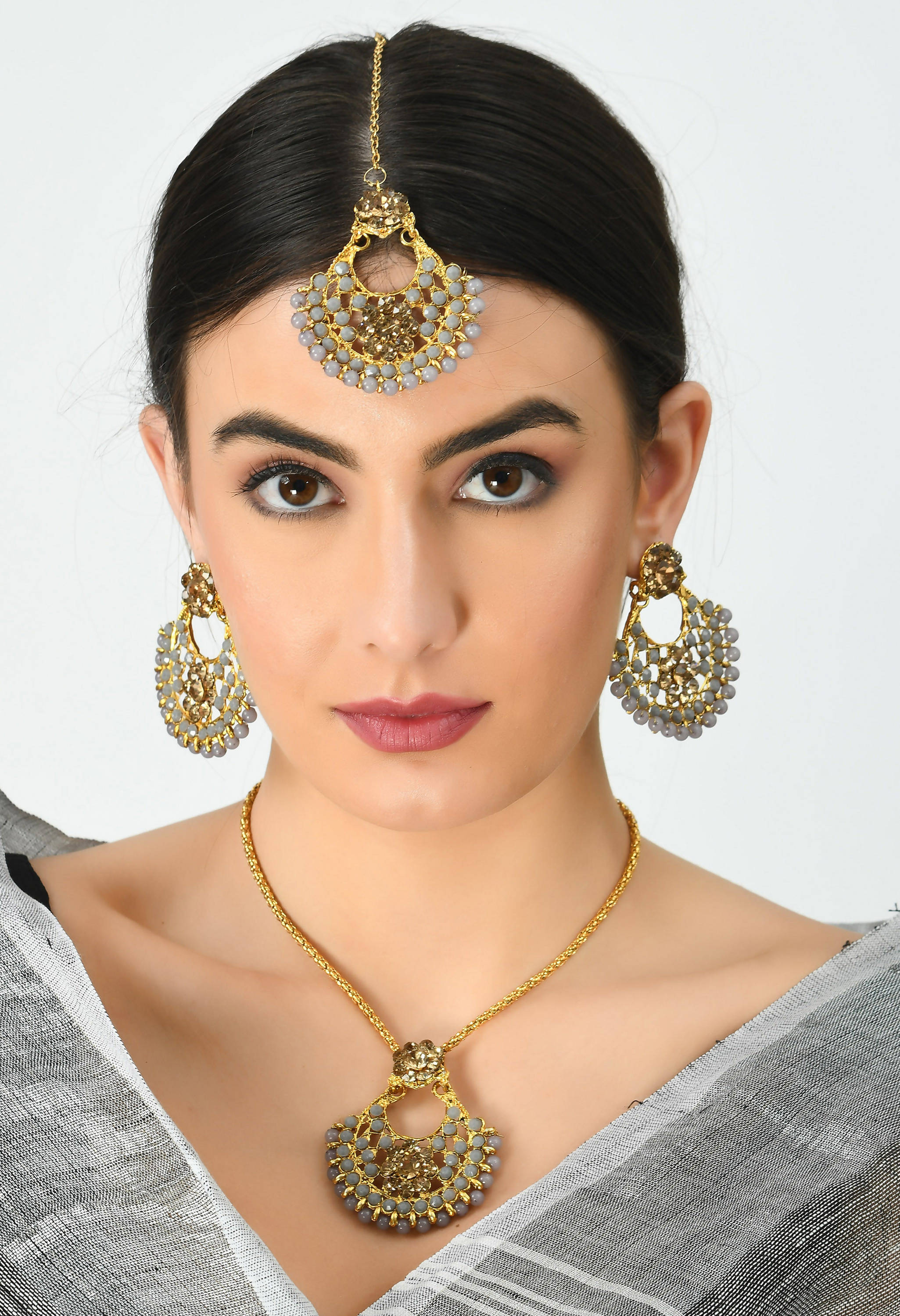 Kamal Johar Grey Color Pearls Necklace with Earrings & Tikka Mangalsutra Jkms_078