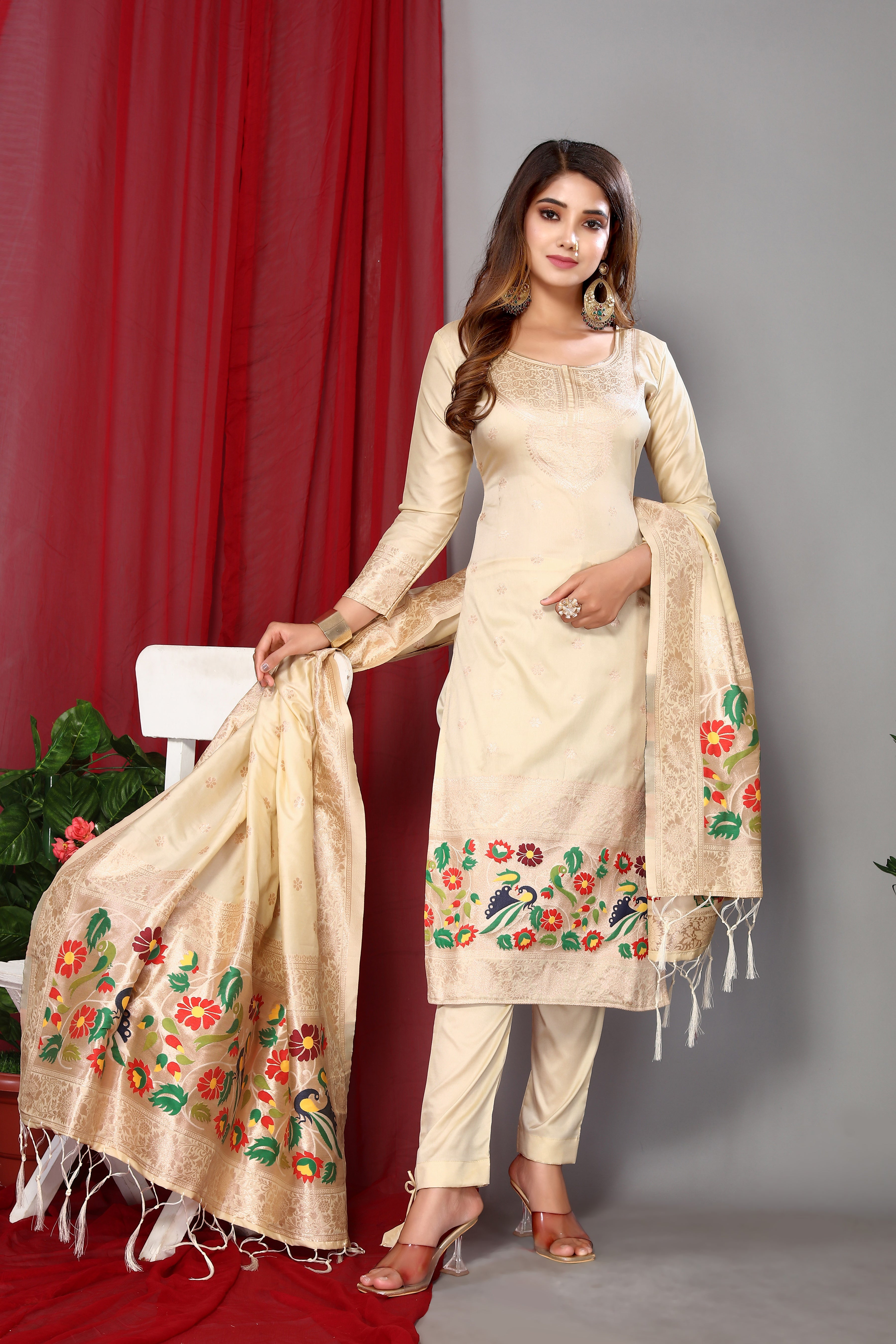 Women's White Paithani Dress Mateiral Collection - Dwija Fashion