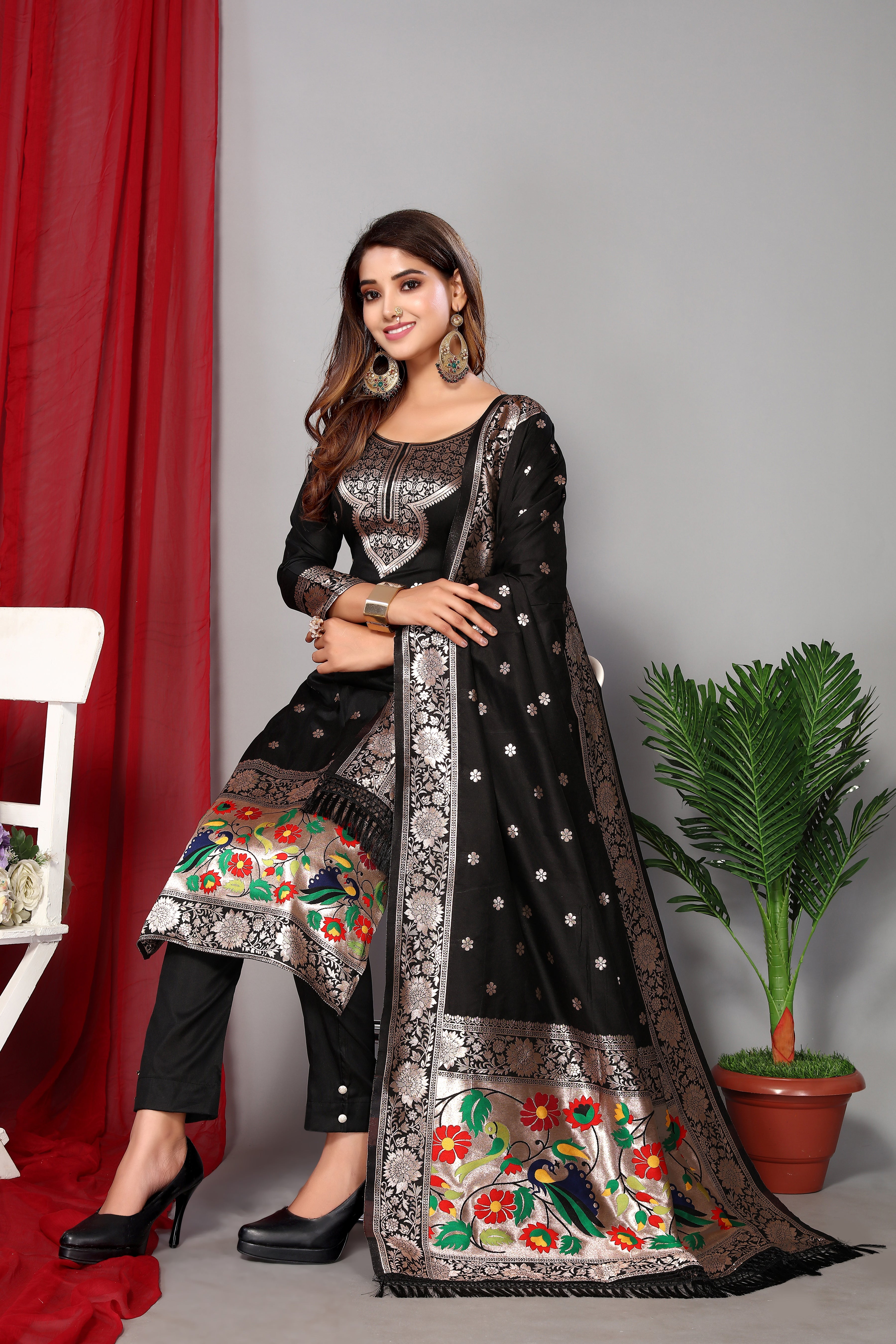 Women's Black Paithani Dress Mateiral Collection - Dwija Fashion