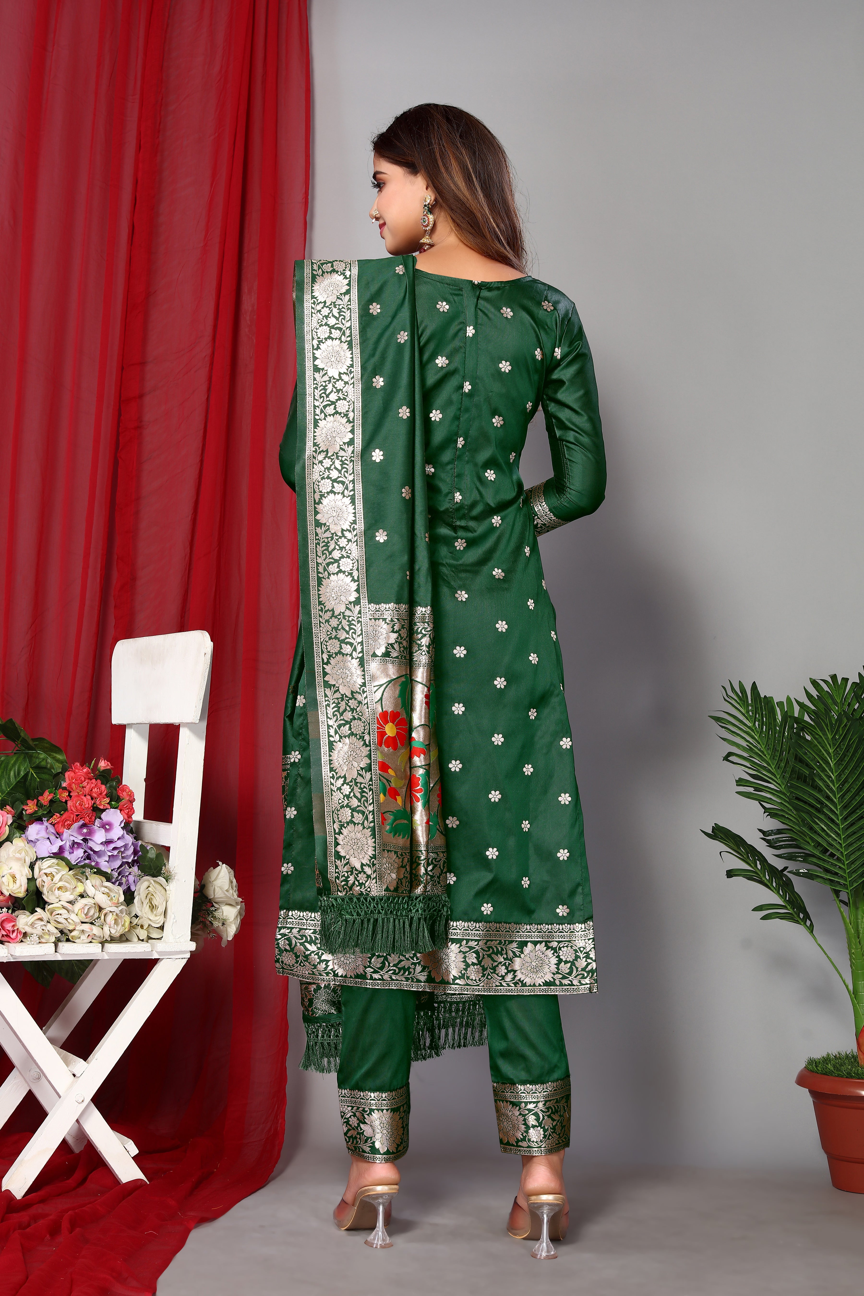 Women's Green Paithani Dress Mateiral Collection - Dwija Fashion
