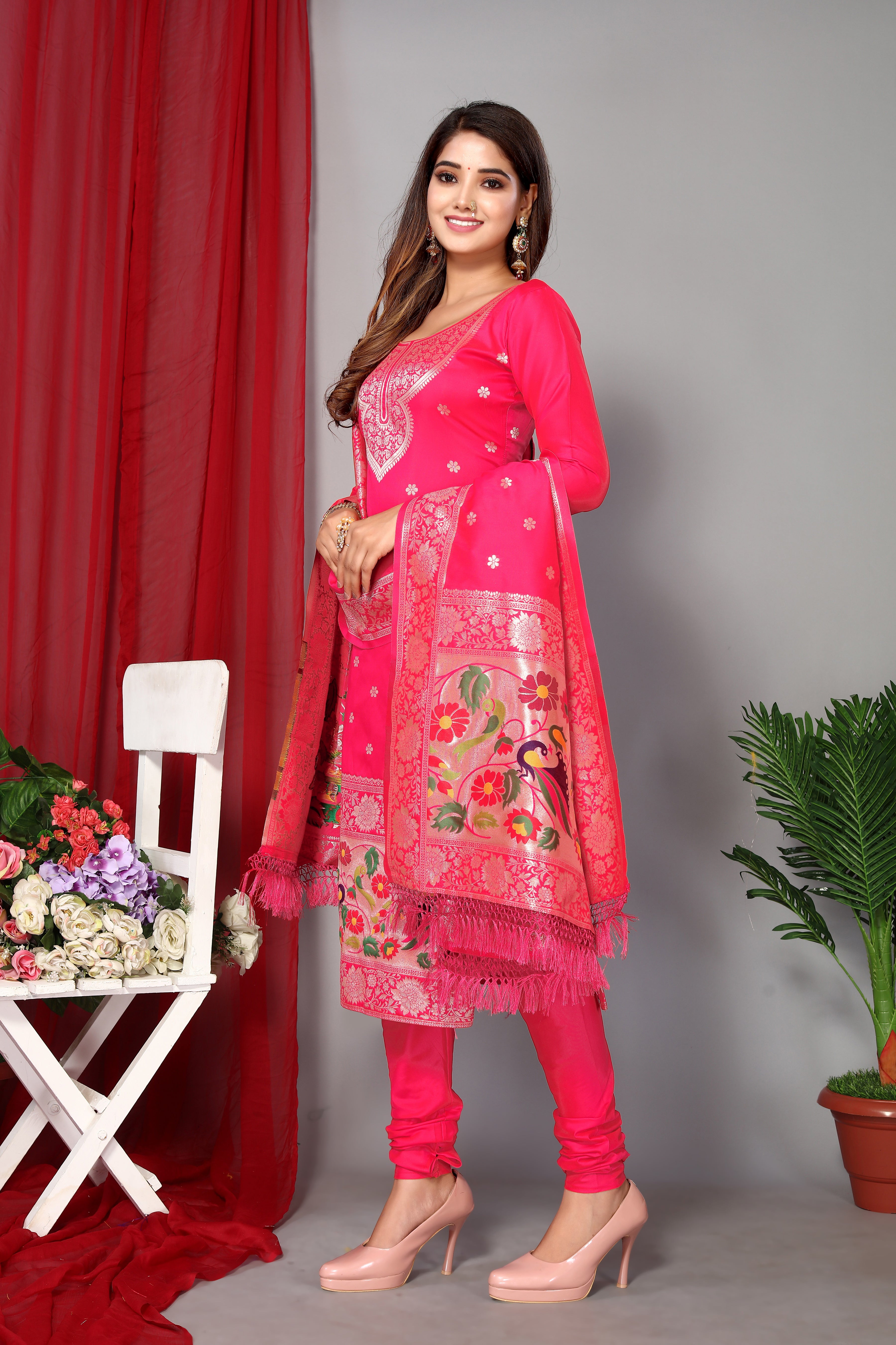 Women's Pink Paithani Dress Mateiral Collection - Dwija Fashion