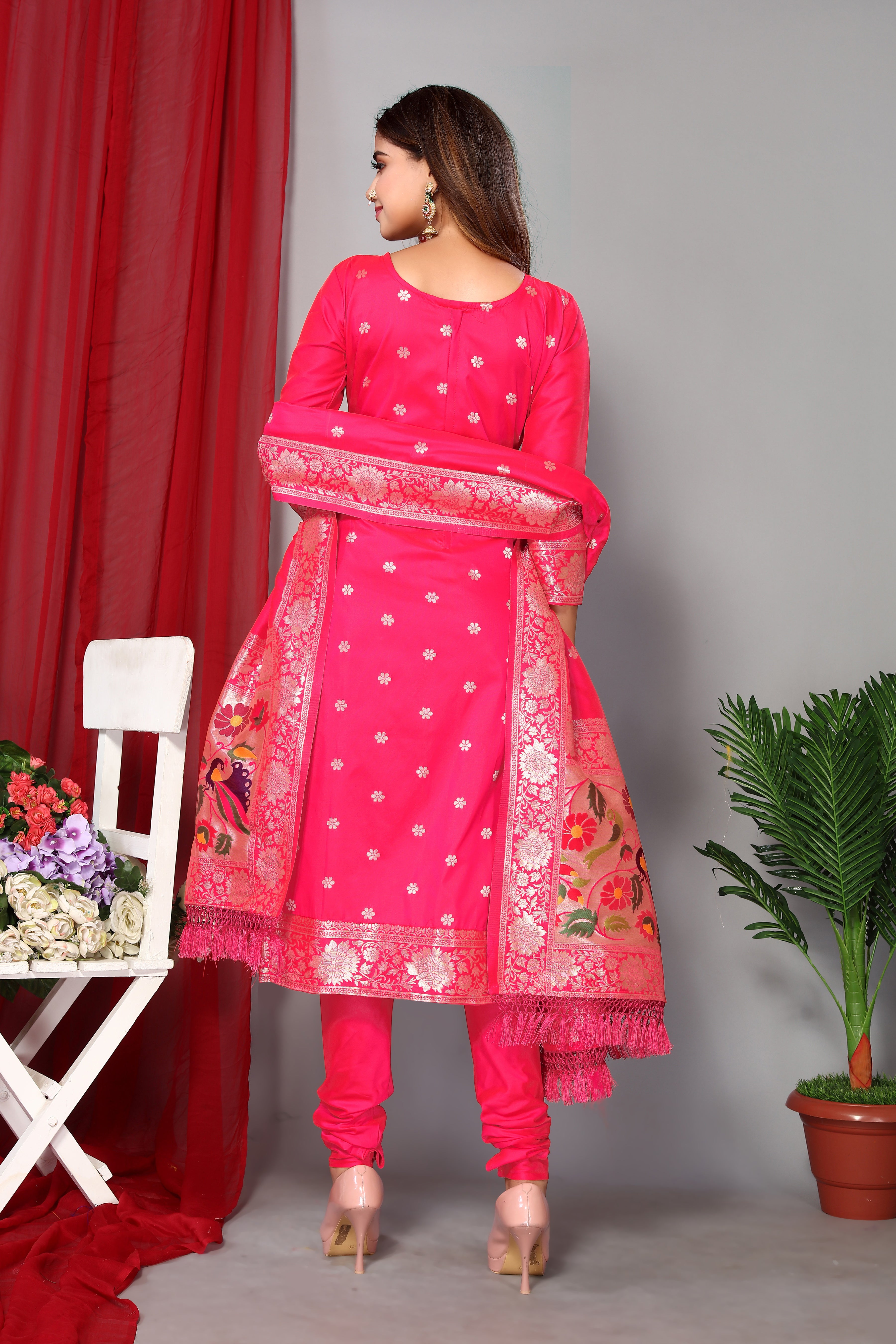Women's Pink Paithani Dress Mateiral Collection - Dwija Fashion