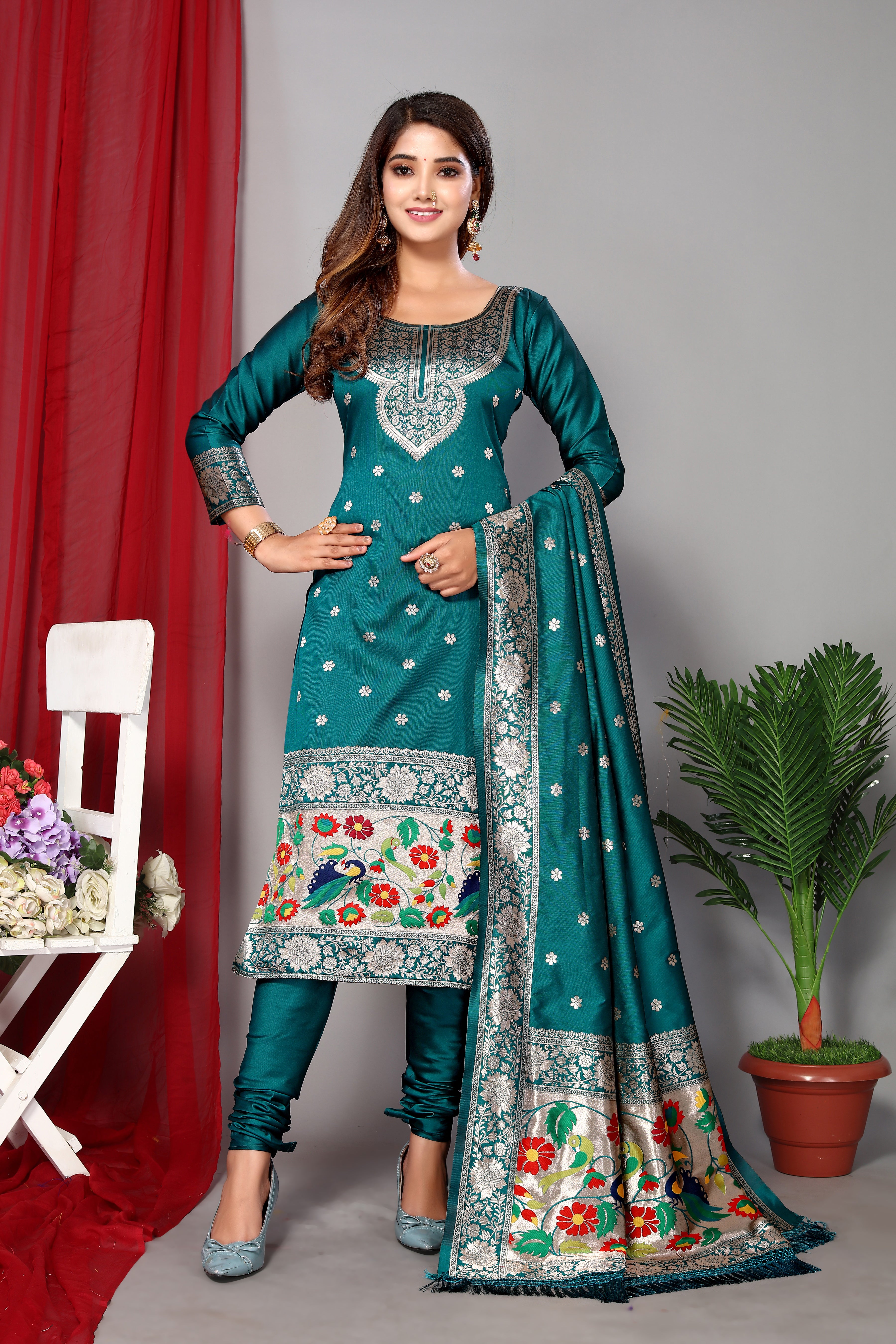 Women's Green Paithani Dress Mateiral Collection - Dwija Fashion