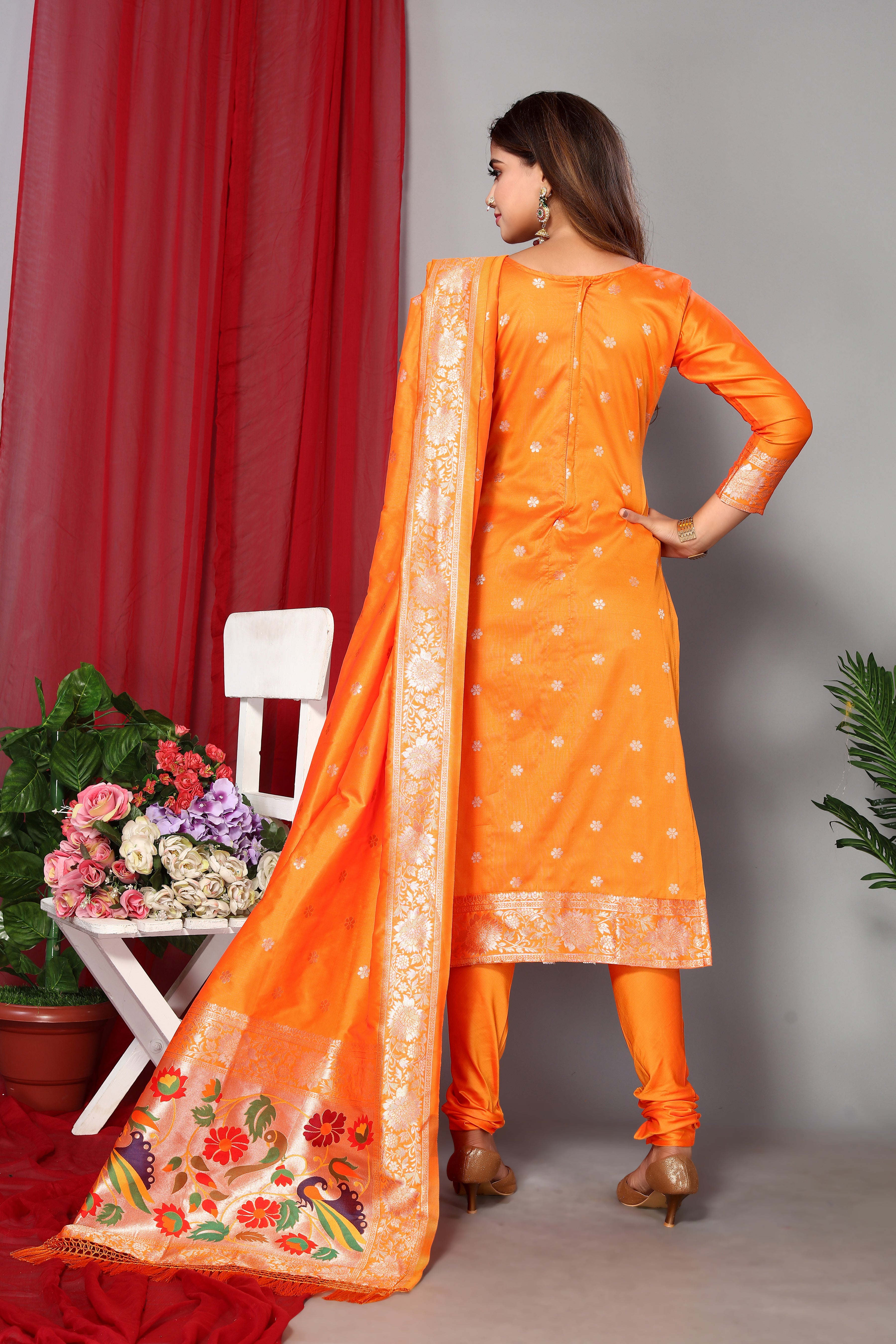 Women's Orange Paithani Dress Mateiral Collection - Dwija Fashion