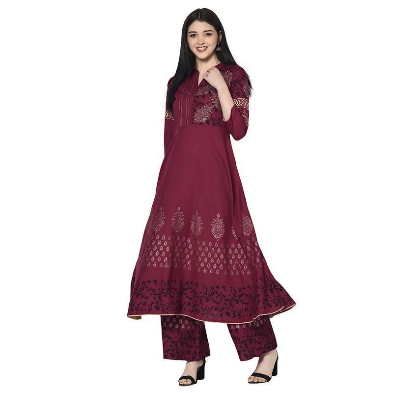 Women's Maroon Rayon Block print Anarkali kurta