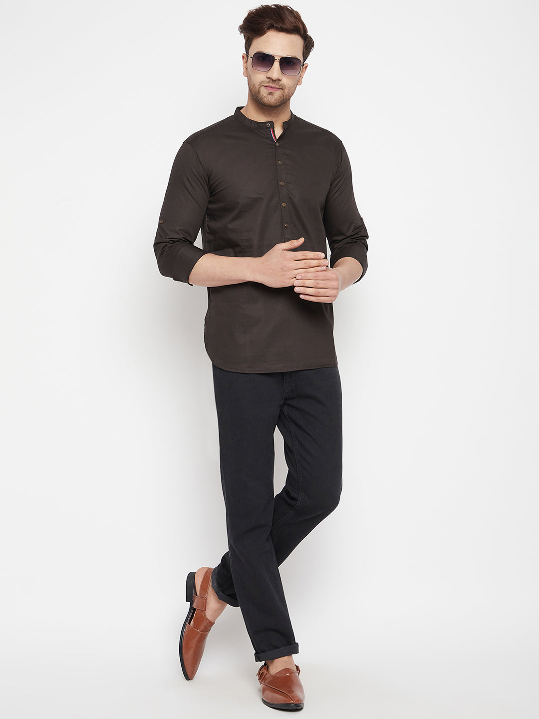 Men's Brown Color Long Kurta with Band Collar - Even Apparels